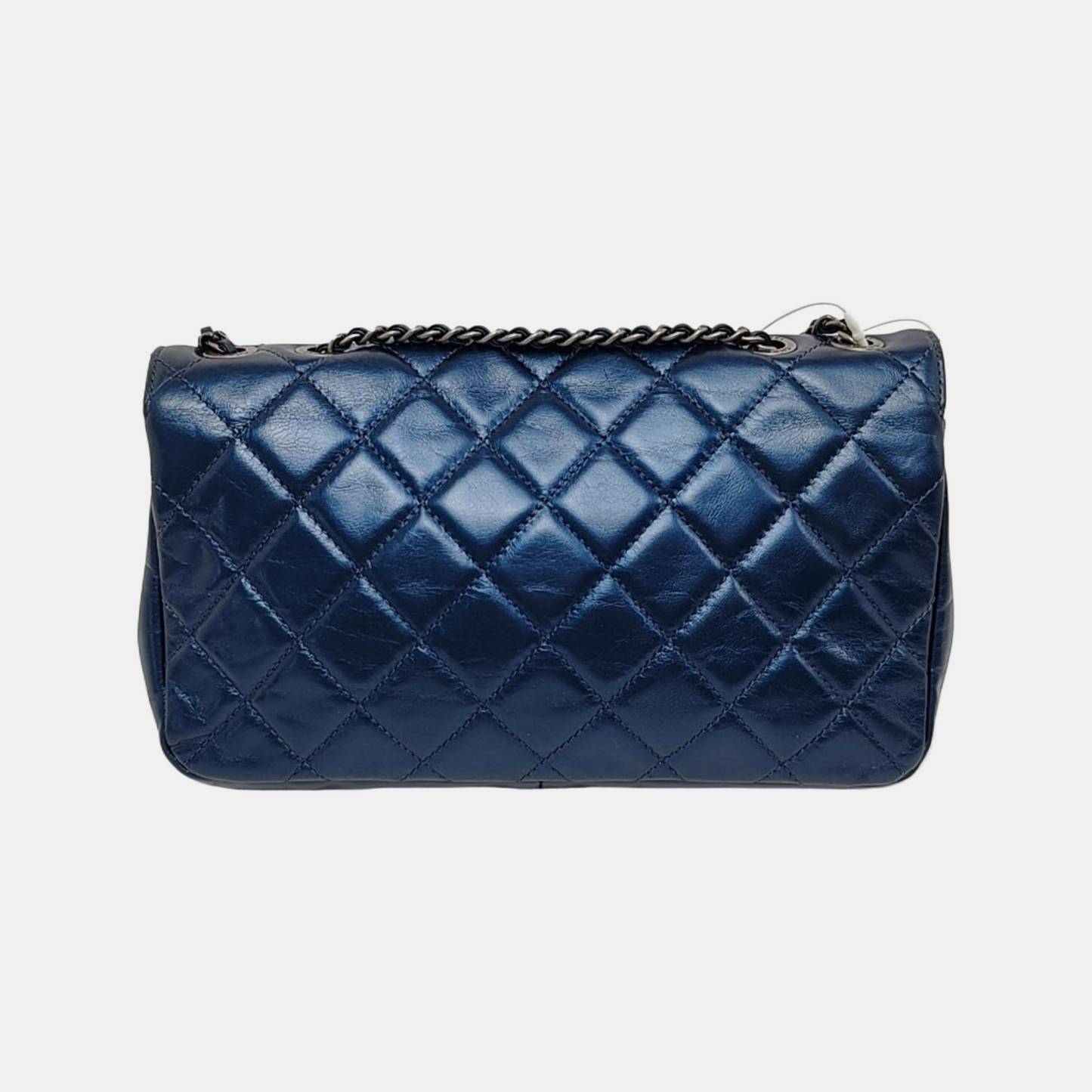CHANEL CLASSIC FLAP Medium Dark Blue Calfskin Quilted Matelassé Shoulder Bag Rutenium Hardware 22 Clasp-(SKU)-946830693