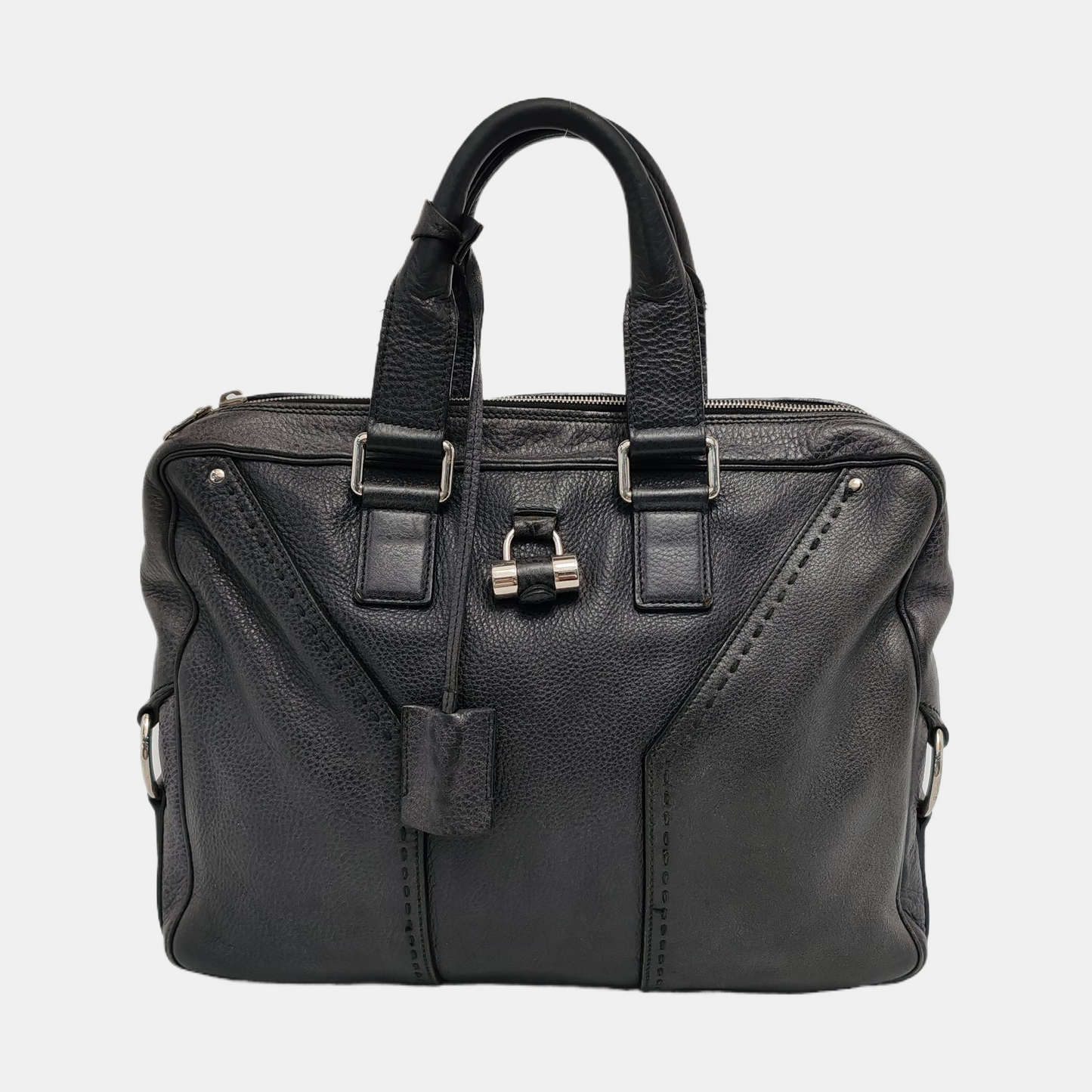 YSL MUSE Black Cowhide Quilted Rivets Tote Bag Silver Hardware-(SKU)-946633480