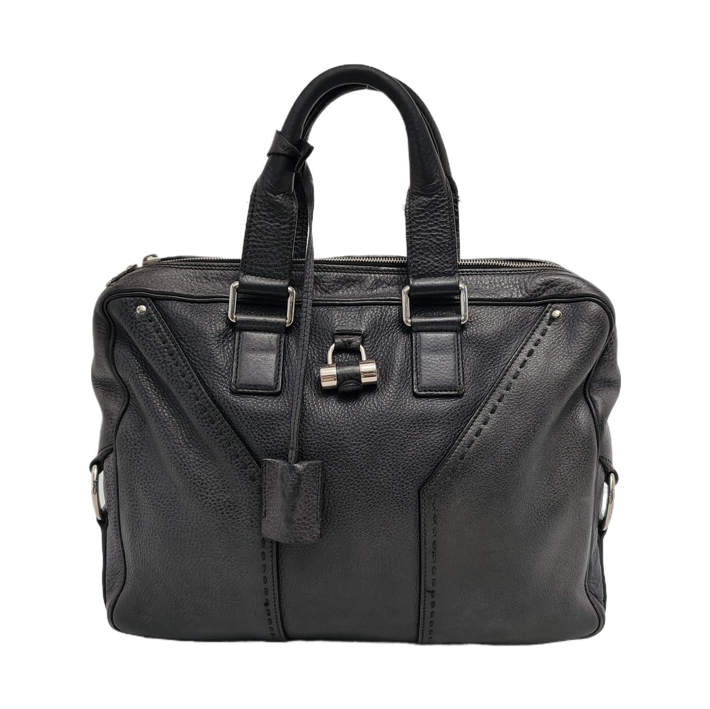 YSL MUSE Black Cowhide Quilted Rivets Tote Bag Silver Hardware-(SKU)-946633480