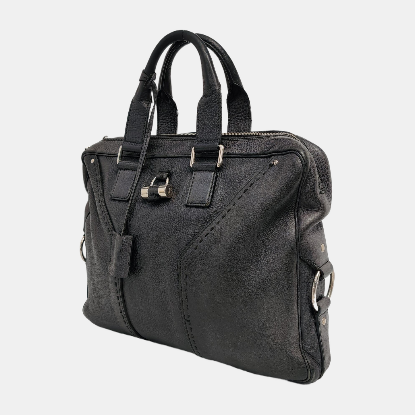 YSL MUSE Black Cowhide Quilted Rivets Tote Bag Silver Hardware-(SKU)-946633480
