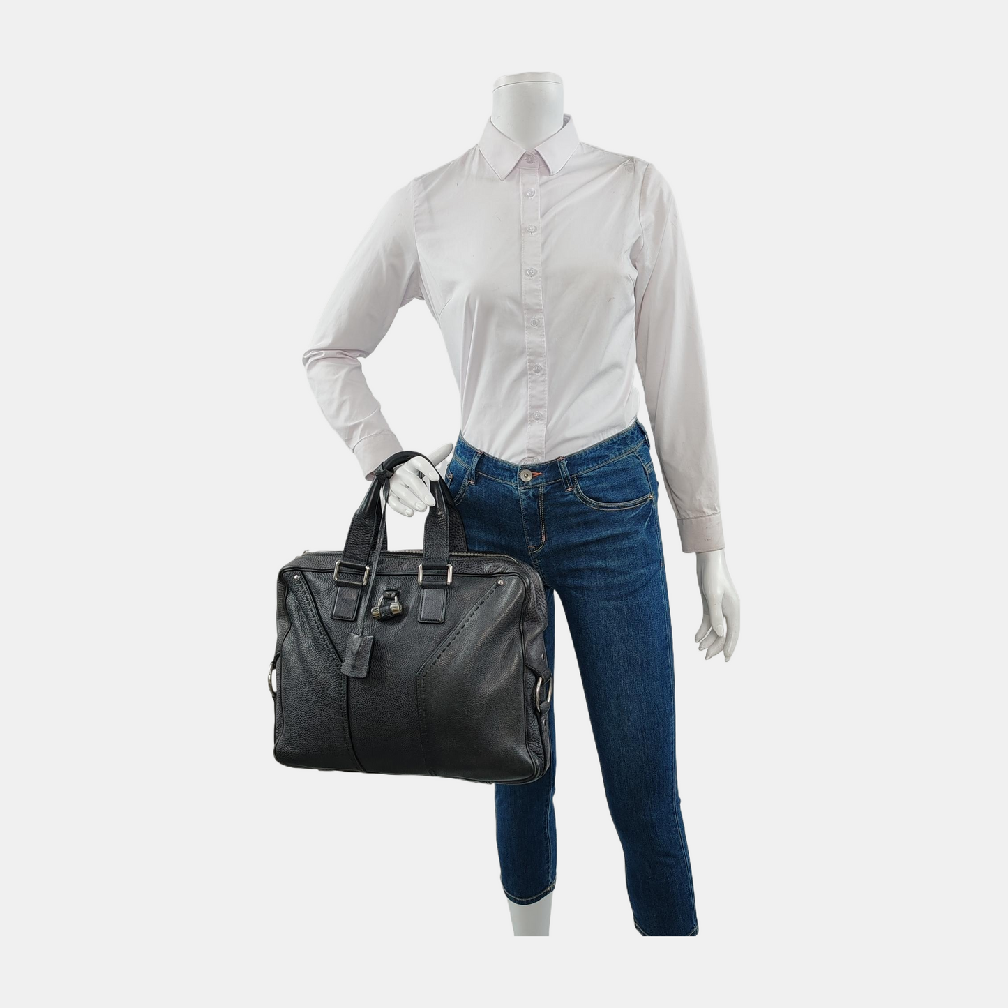 YSL MUSE Black Cowhide Quilted Rivets Tote Bag Silver Hardware-(SKU)-946633480