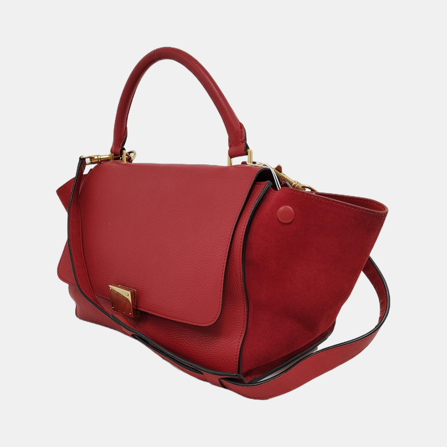 CELINE TRAPEZE Small size Red Leather Swing Bag Single Shoulder Bag Handbag Crossbody Golden hardware Removable shoulder strap-(SKU)-947188995