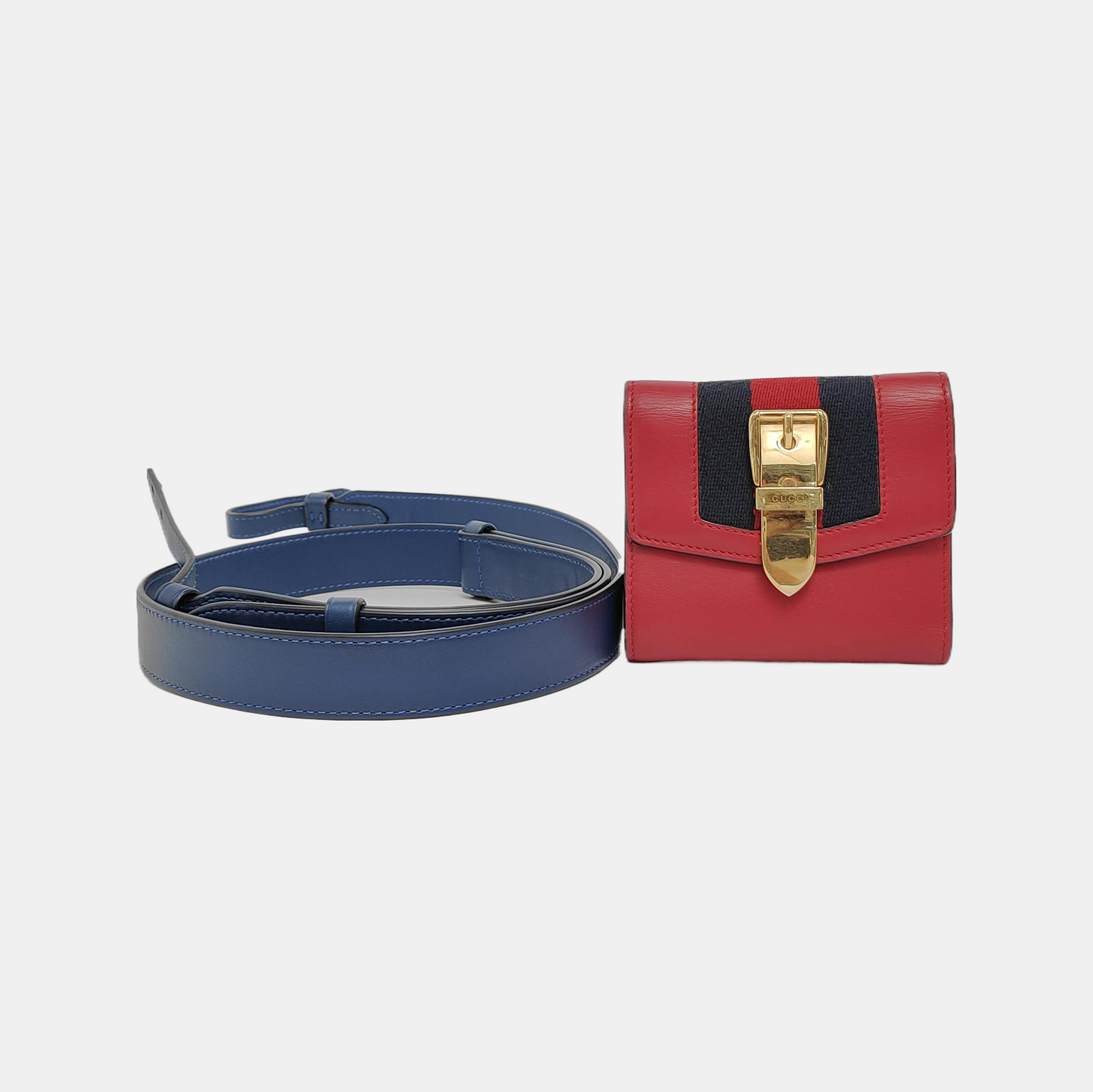 GUCCI Sylvie Red Leather Striped Strap Serb Wallet Golden hardware-(SKU)-946899209