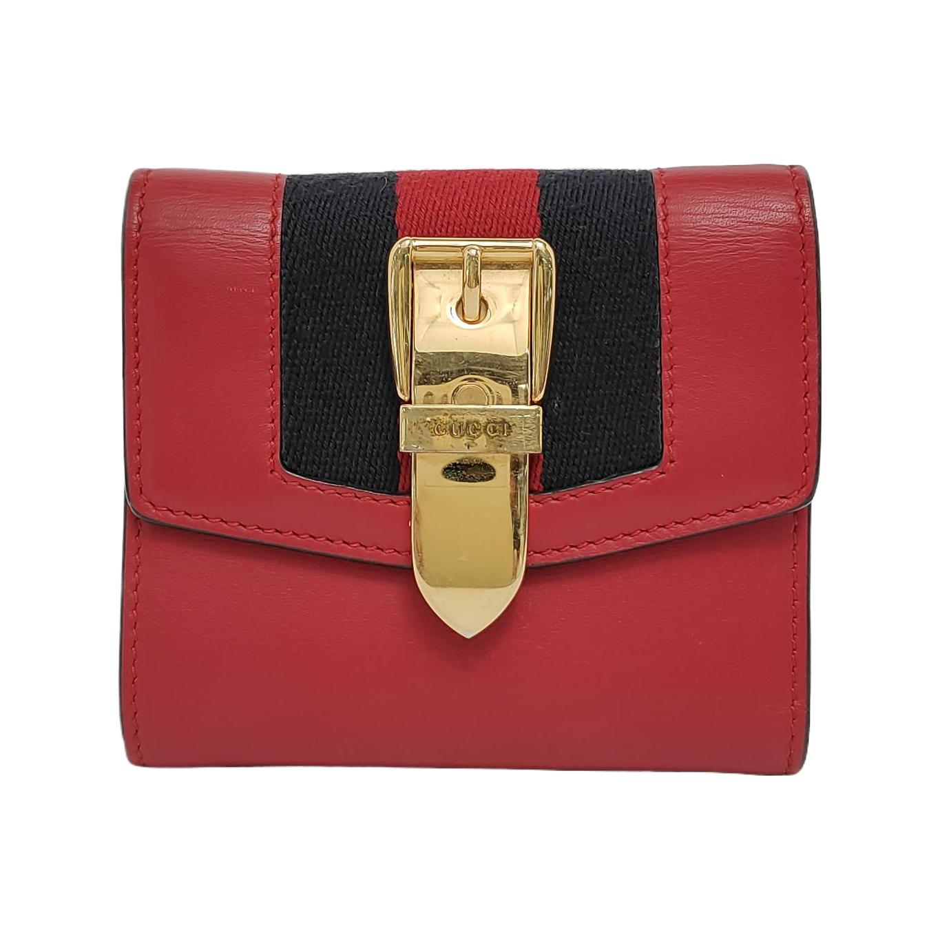 GUCCI Sylvie Red Leather Striped Strap Serb Wallet Golden hardware-(SKU)-946899209