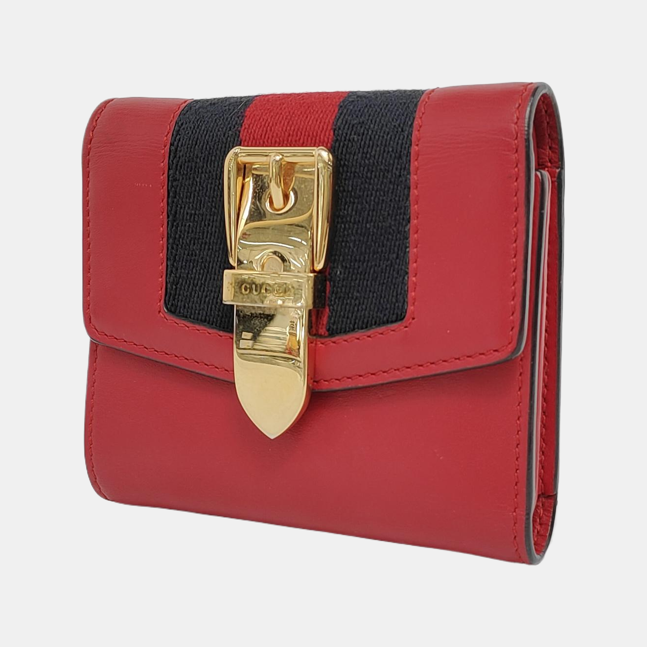 GUCCI Sylvie Red Leather Striped Strap Serb Wallet Golden hardware-(SKU)-946899209