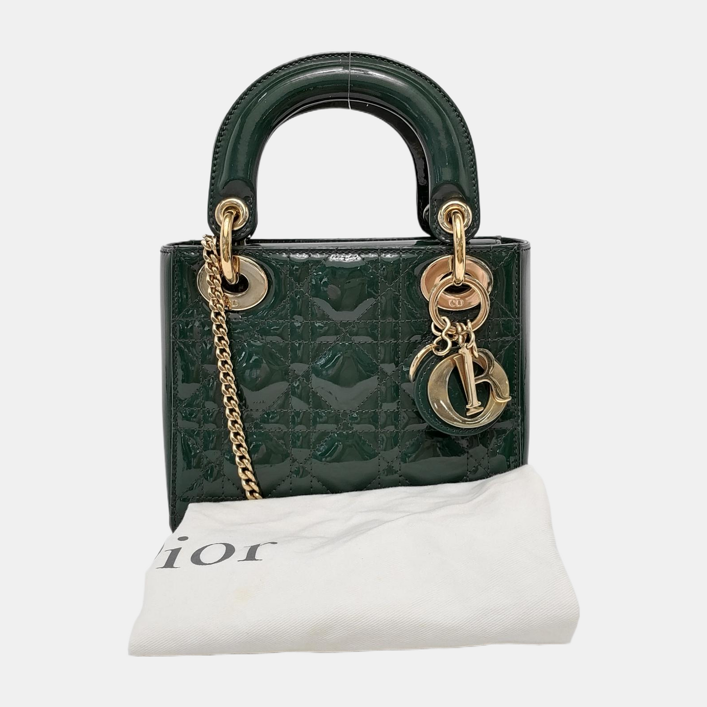 DIOR Lady Dior Mini Dark Green Patent Lamb Skin Quilted Diaper Bag 3-Compartment Shoulder Bag Tote Bag Crossbody Bag Golden Hardware Removable Strap-(SKU)-947300557