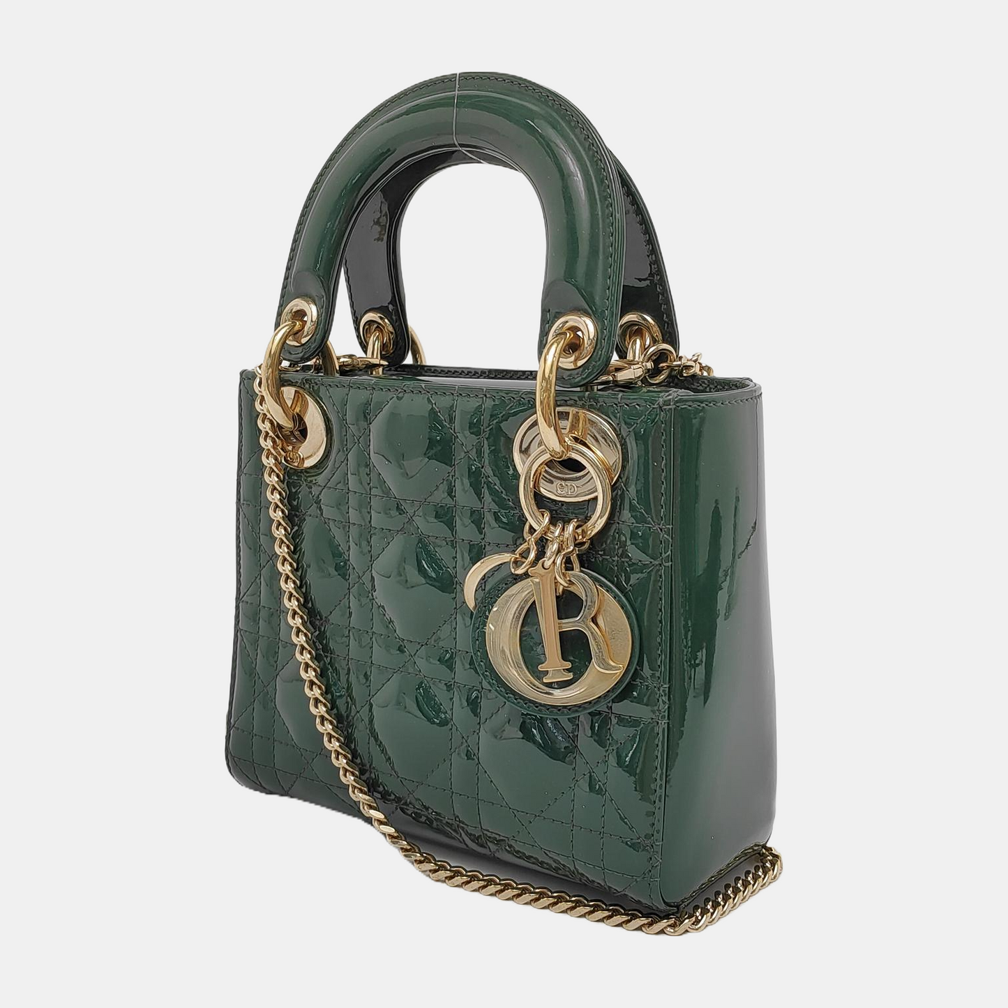 DIOR Lady Dior Mini Dark Green Patent Lamb Skin Quilted Diaper Bag 3-Compartment Shoulder Bag Tote Bag Crossbody Bag Golden Hardware Removable Strap-(SKU)-947300557