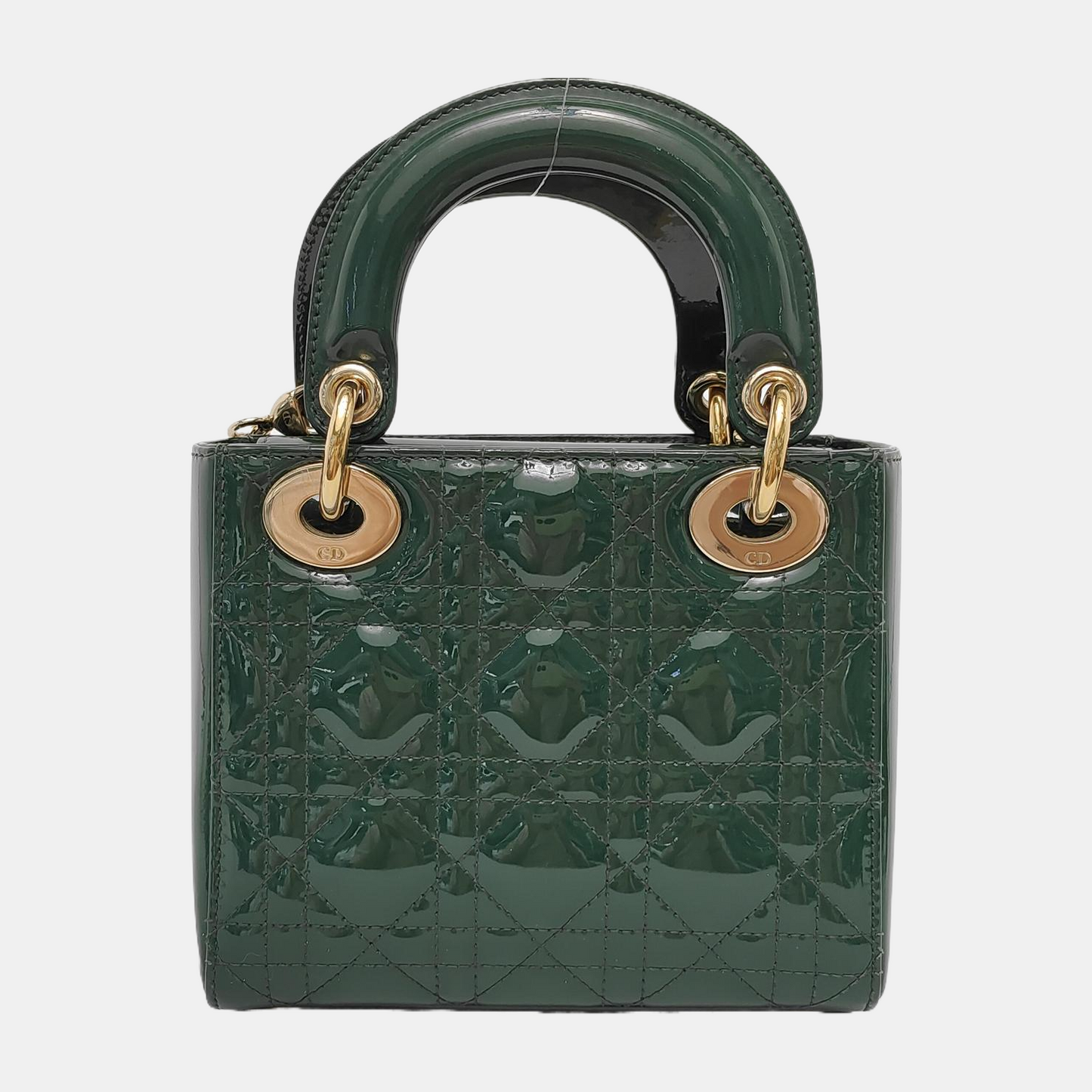 DIOR Lady Dior Mini Dark Green Patent Lamb Skin Quilted Diaper Bag 3-Compartment Shoulder Bag Tote Bag Crossbody Bag Golden Hardware Removable Strap-(SKU)-947300557