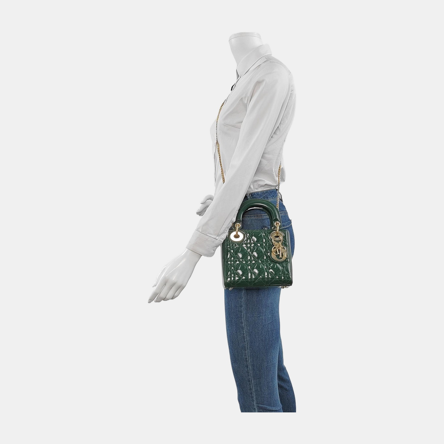 DIOR Lady Dior Mini Dark Green Patent Lamb Skin Quilted Diaper Bag 3-Compartment Shoulder Bag Tote Bag Crossbody Bag Golden Hardware Removable Strap-(SKU)-947300557