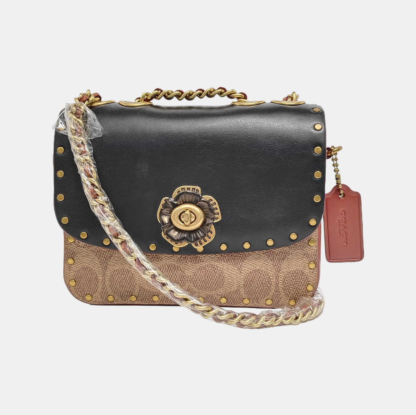 COACH MADISON Black Calfskin Leather Monogrammed Stud Single Shoulder Bag with Crossbody Gold Black Hardware-(SKU)-938190006