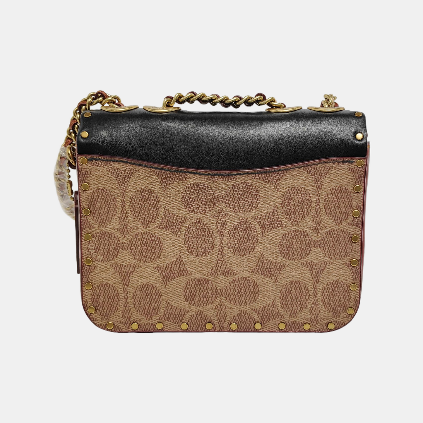 COACH MADISON Black Calfskin Leather Monogrammed Stud Single Shoulder Bag with Crossbody Gold Black Hardware-(SKU)-938190006