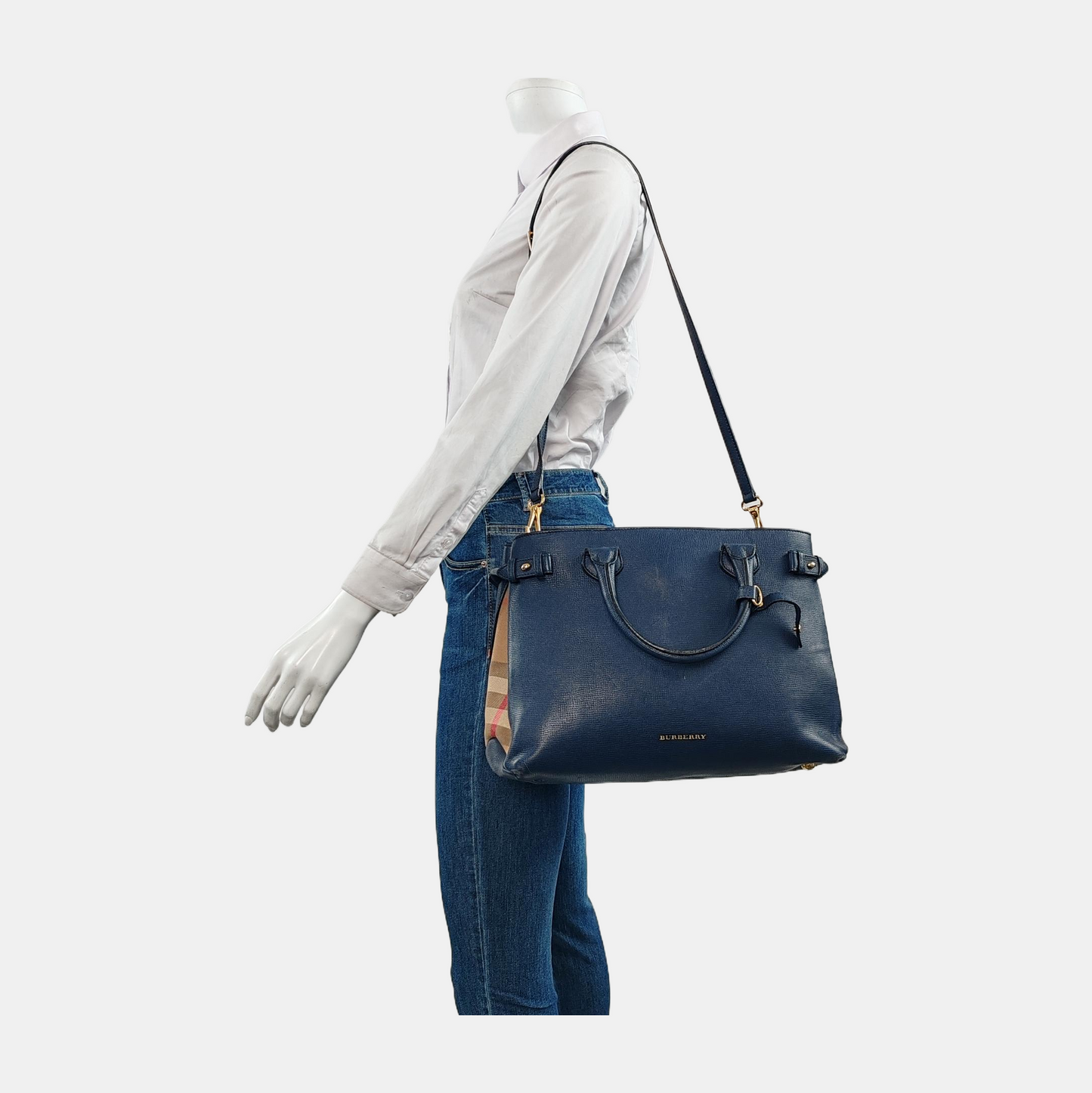 BURBERRY The Banner Medium size Dark Blue Leather Shoulder Tote Crossbody Bag Golden hardware Removable shoulder strap-(SKU)-947520458