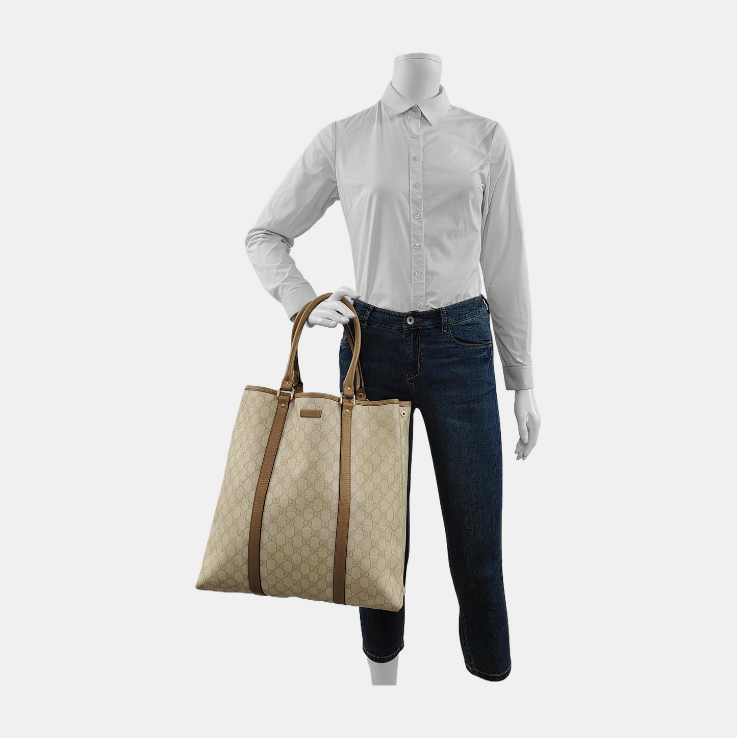 GUCCI Shima Tote Beige Coated Canvas Monogrammed Printed Single Shoulder Bag Handbag Golden hardware-(SKU)-947608449
