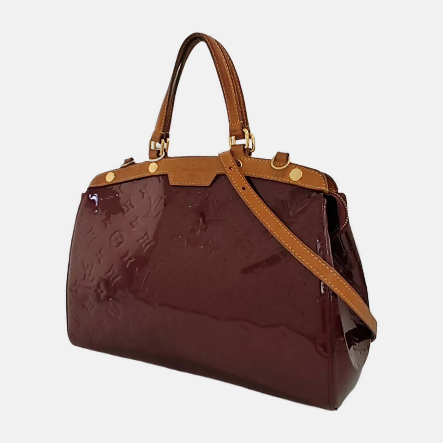 LOUIS VUITTON BREA Burgundy Patent Leather Monogrammed Grained Handbag Shoulder Bag Golden hardware Removable shoulder strap-(SKU)-13772850