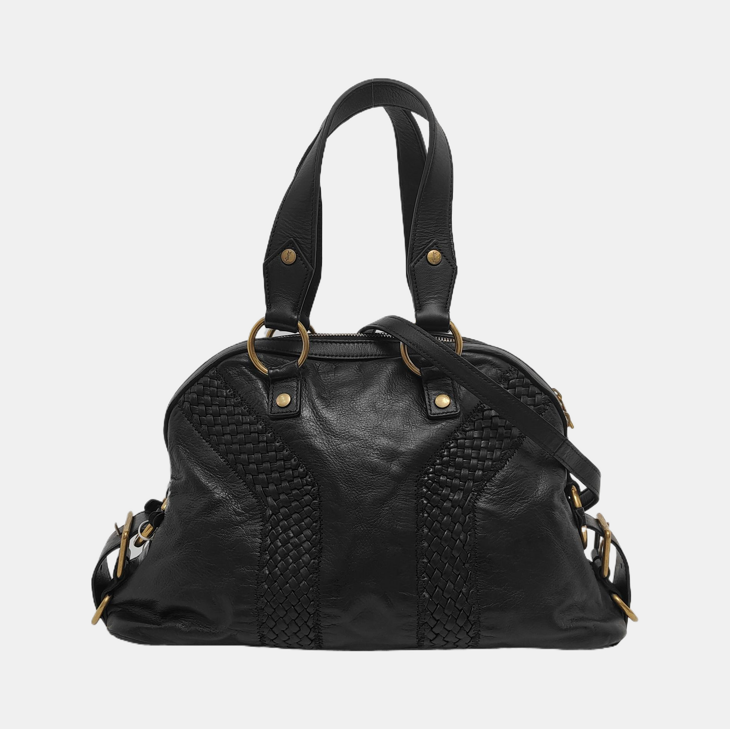 YSL MUSE Black Leather Studs Braided Handbag Shoulder Bag Golden hardware Removable shoulder strap-(SKU)-947588322