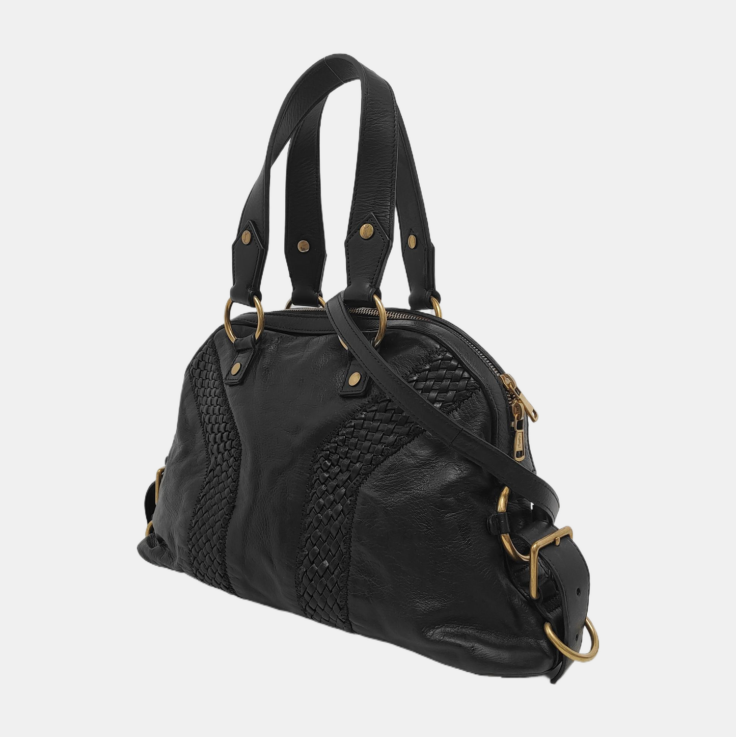 YSL MUSE Black Leather Studs Braided Handbag Shoulder Bag Golden hardware Removable shoulder strap-(SKU)-947588322