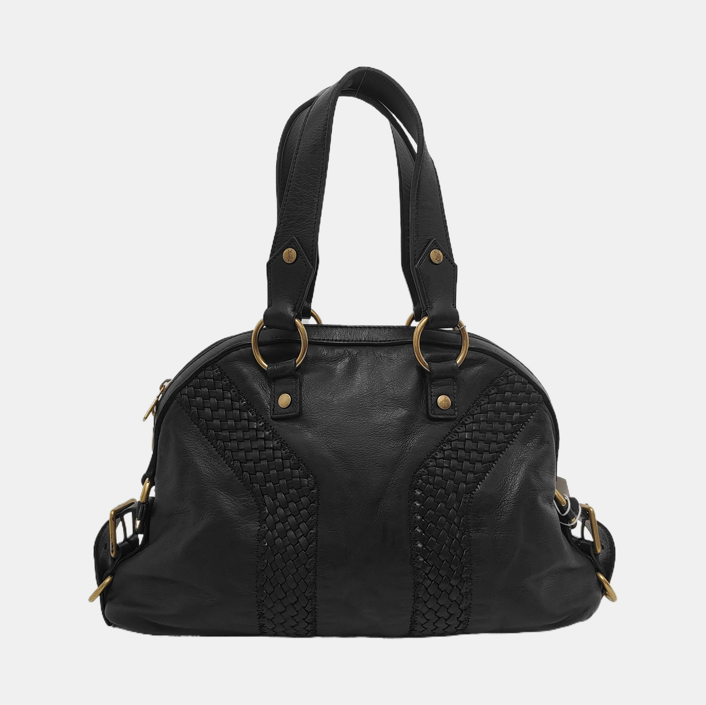YSL MUSE Black Leather Studs Braided Handbag Shoulder Bag Golden hardware Removable shoulder strap-(SKU)-947588322