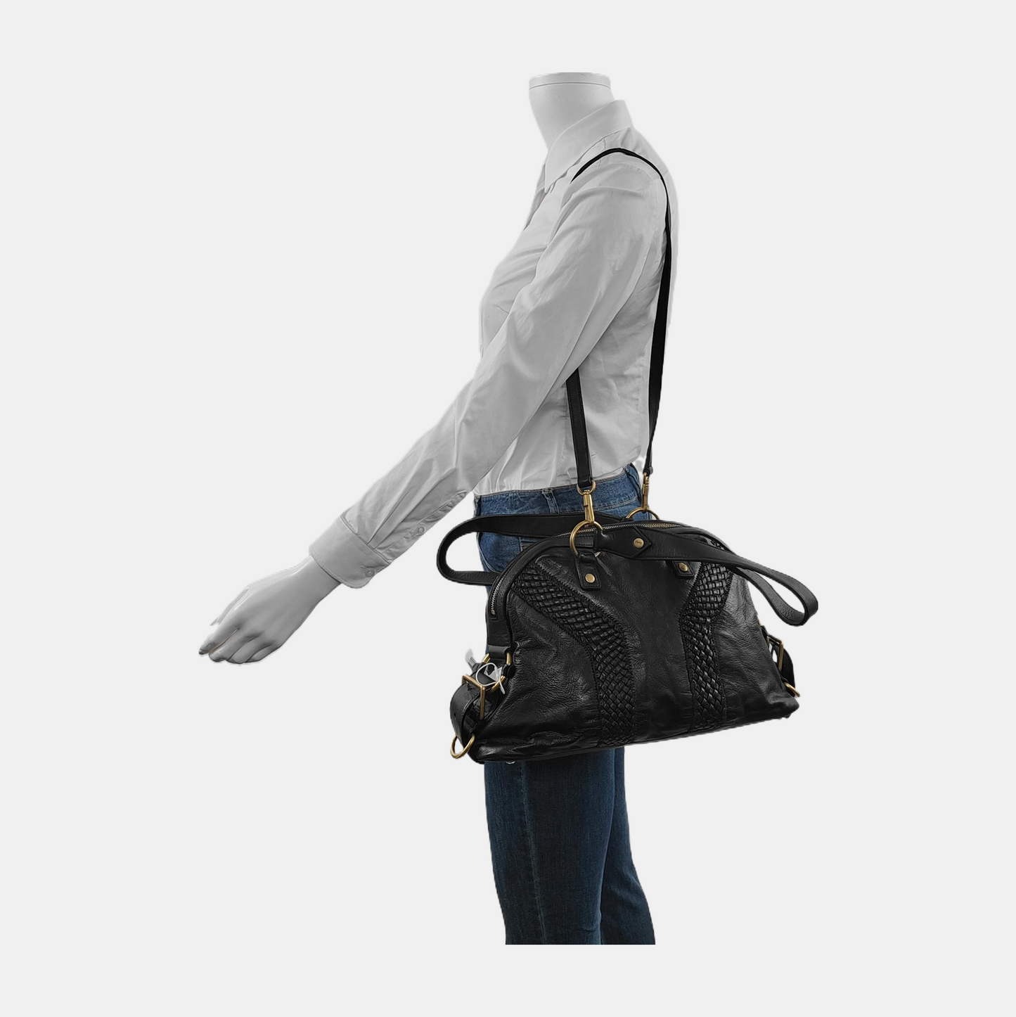 YSL MUSE Black Leather Studs Braided Handbag Shoulder Bag Golden hardware Removable shoulder strap-(SKU)-947588322