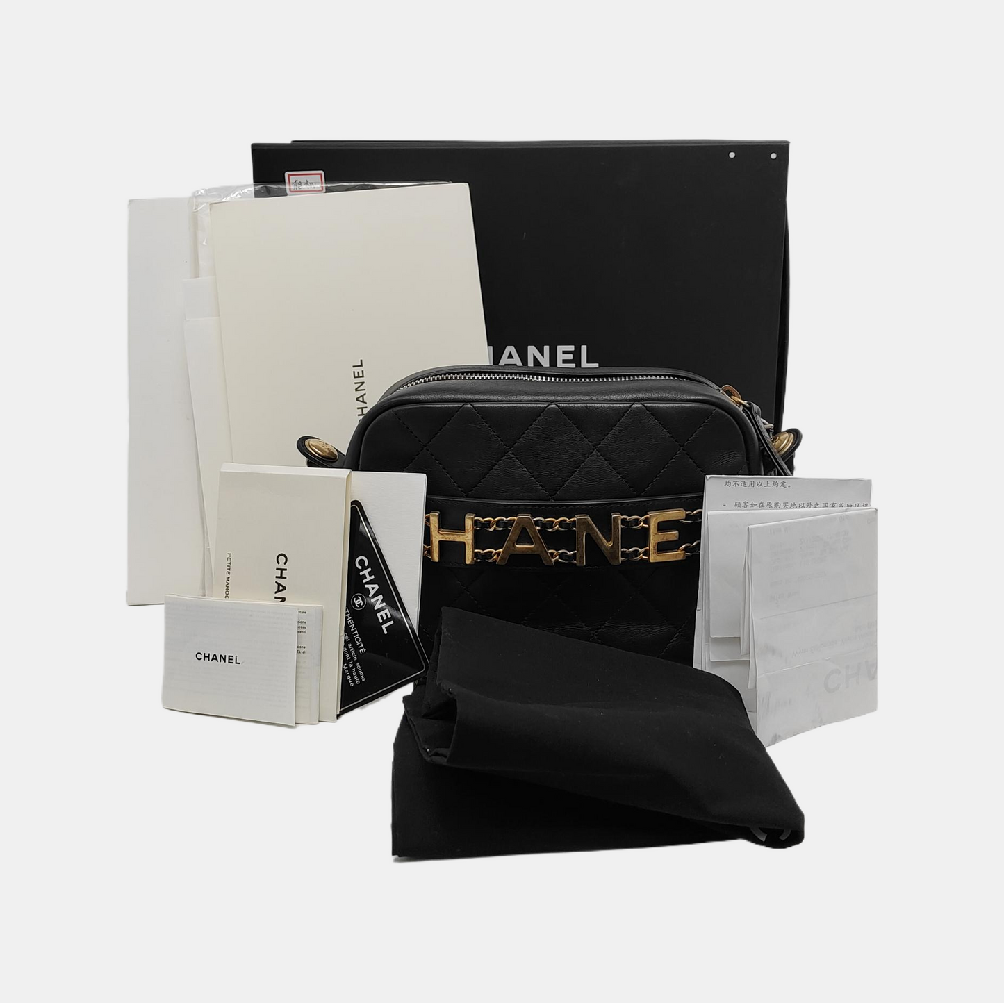 CHANEL LOGO ENCHAINED FLAP Black Leather Quilted Shoulder Bag Tote Bag Crossbody Golden Hardware 29cm Complete Accessories-(SKU)-947761460