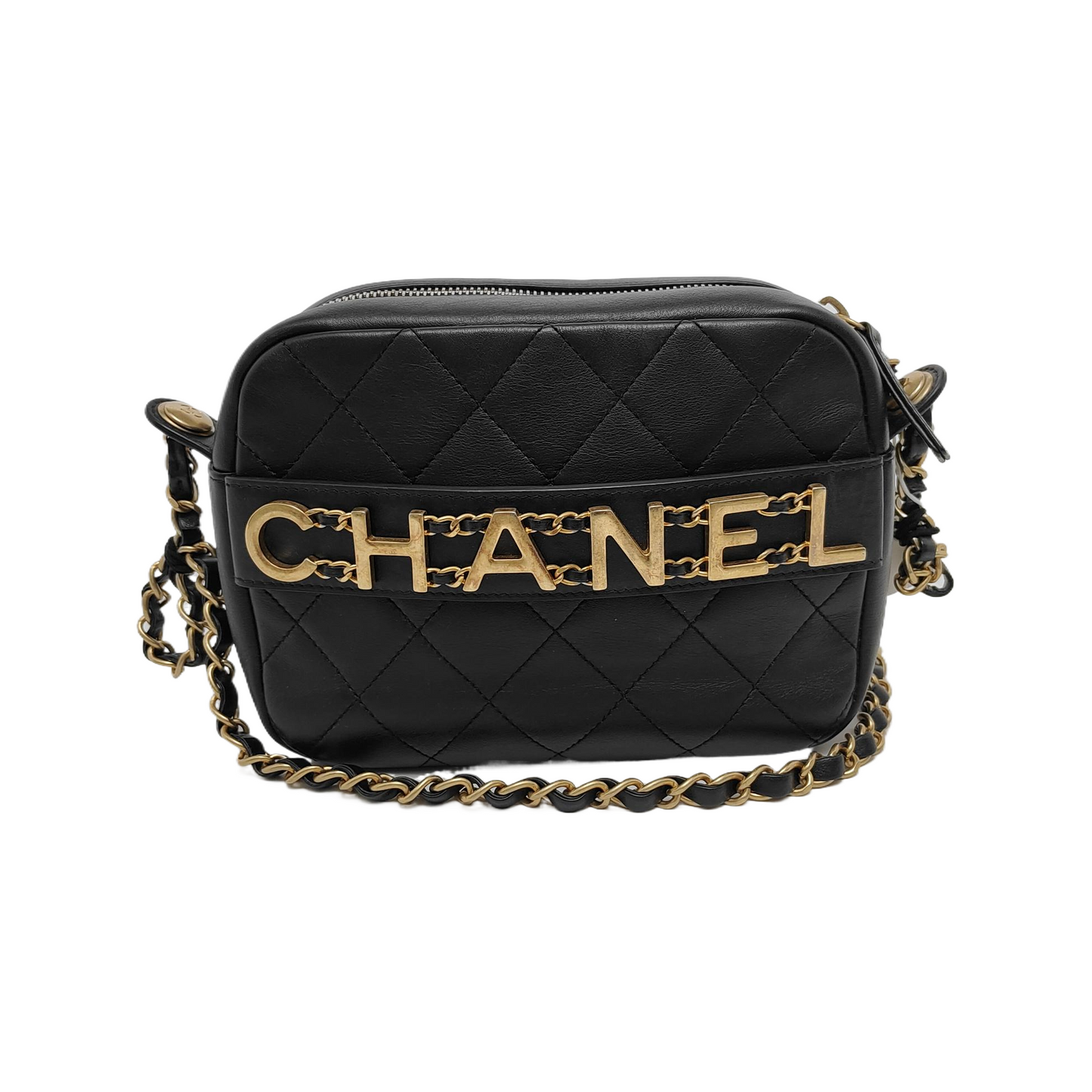 CHANEL LOGO ENCHAINED FLAP Black Leather Quilted Shoulder Bag Tote Bag Crossbody Golden Hardware 29cm Complete Accessories-(SKU)-947761460