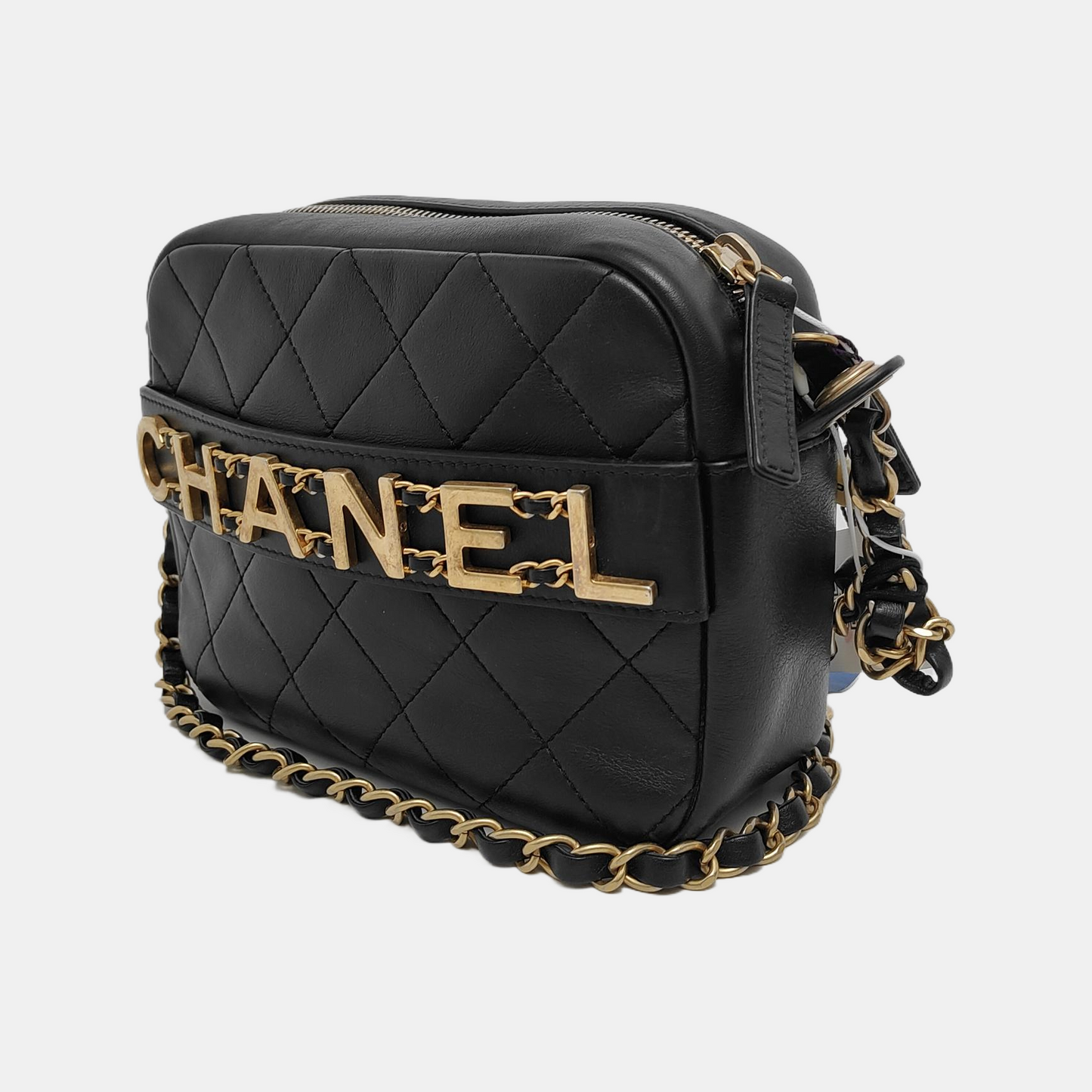 CHANEL LOGO ENCHAINED FLAP Black Leather Quilted Shoulder Bag Tote Bag Crossbody Golden Hardware 29cm Complete Accessories-(SKU)-947761460