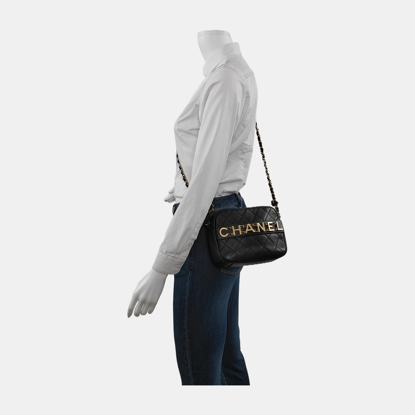 CHANEL LOGO ENCHAINED FLAP Black Leather Quilted Shoulder Bag Tote Bag Crossbody Golden Hardware 29cm Complete Accessories-(SKU)-947761460