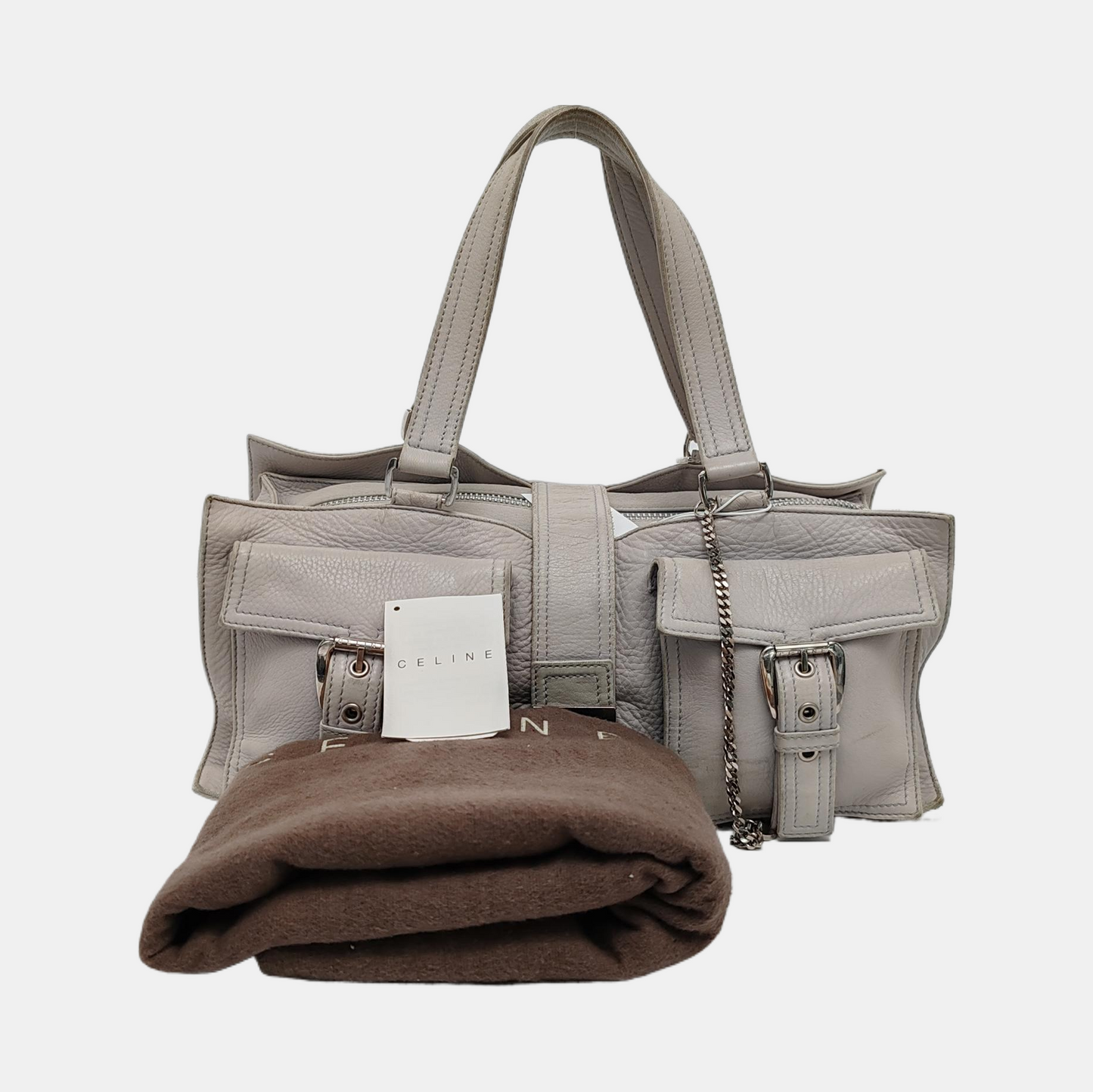 CELINE White Leather Tote Bag Single Shoulder Bag Silver Hardware-(SKU)-947607989