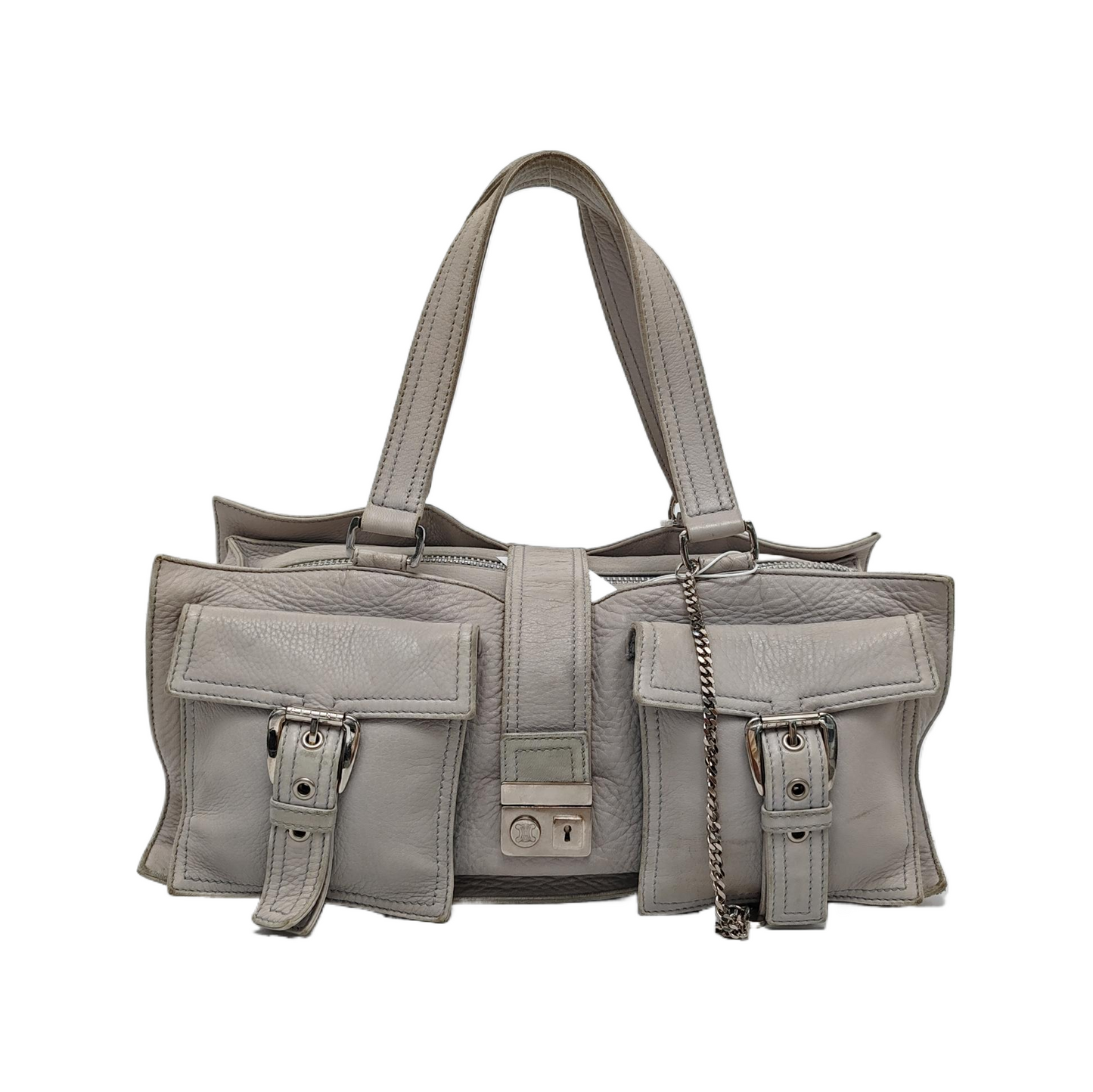 CELINE White Leather Tote Bag Single Shoulder Bag Silver Hardware-(SKU)-947607989