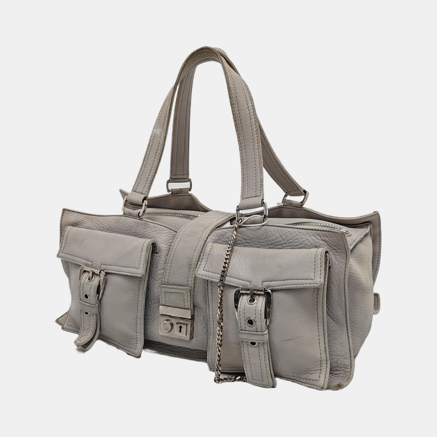 CELINE White Leather Tote Bag Single Shoulder Bag Silver Hardware-(SKU)-947607989