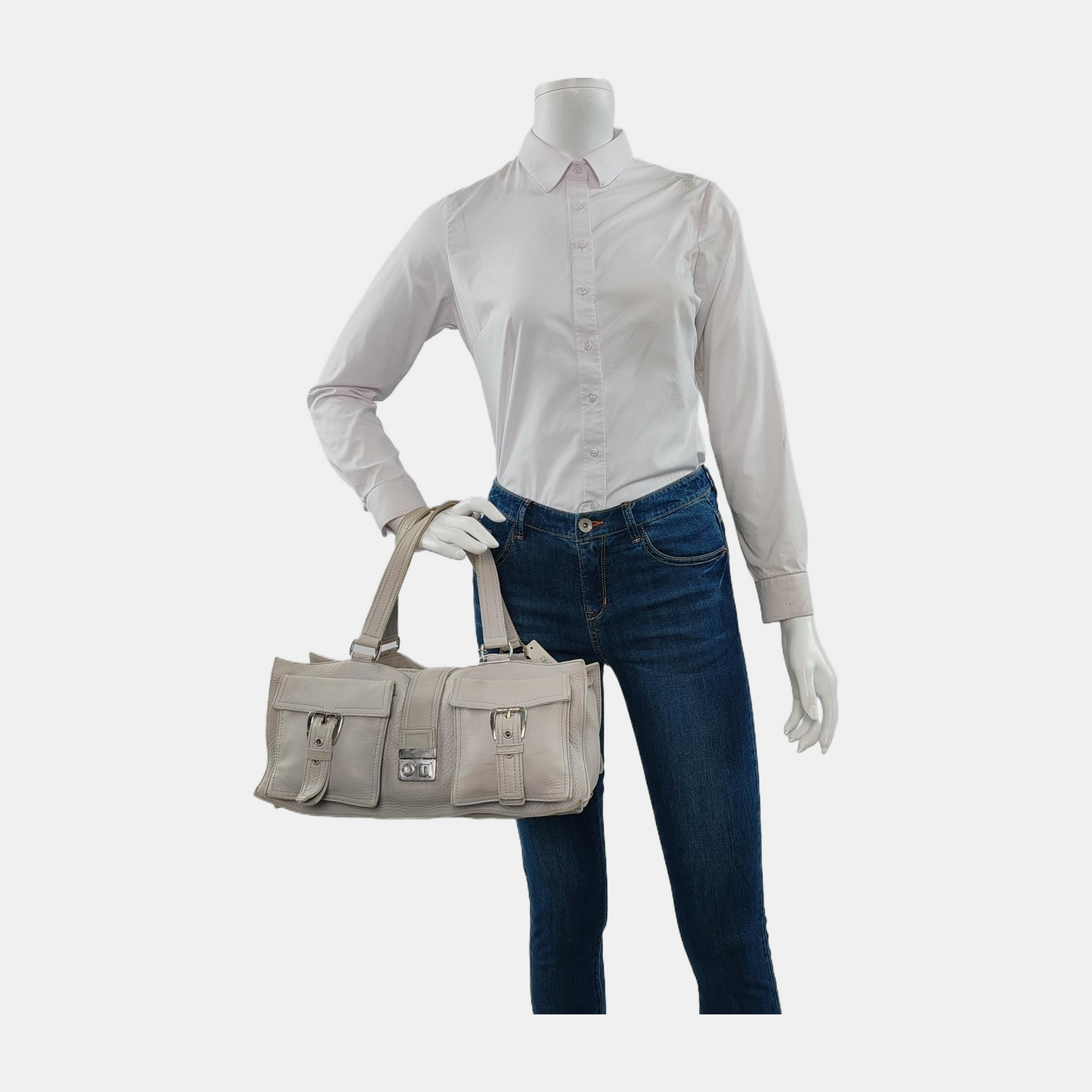 CELINE White Leather Tote Bag Single Shoulder Bag Silver Hardware-(SKU)-947607989