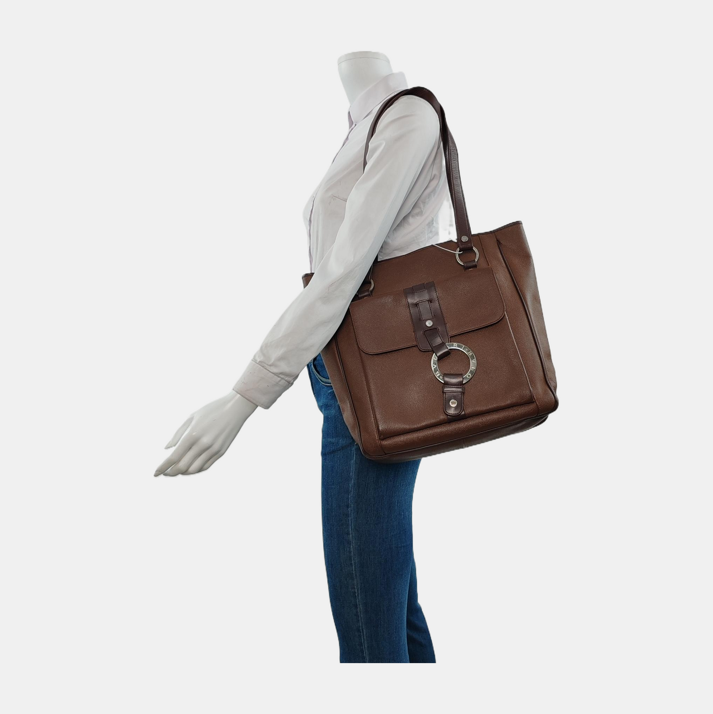 BVLGARI LOGO MANIA Brown Leather Circle Single Shoulder Bag Silver Hardware-(SKU)-947607333