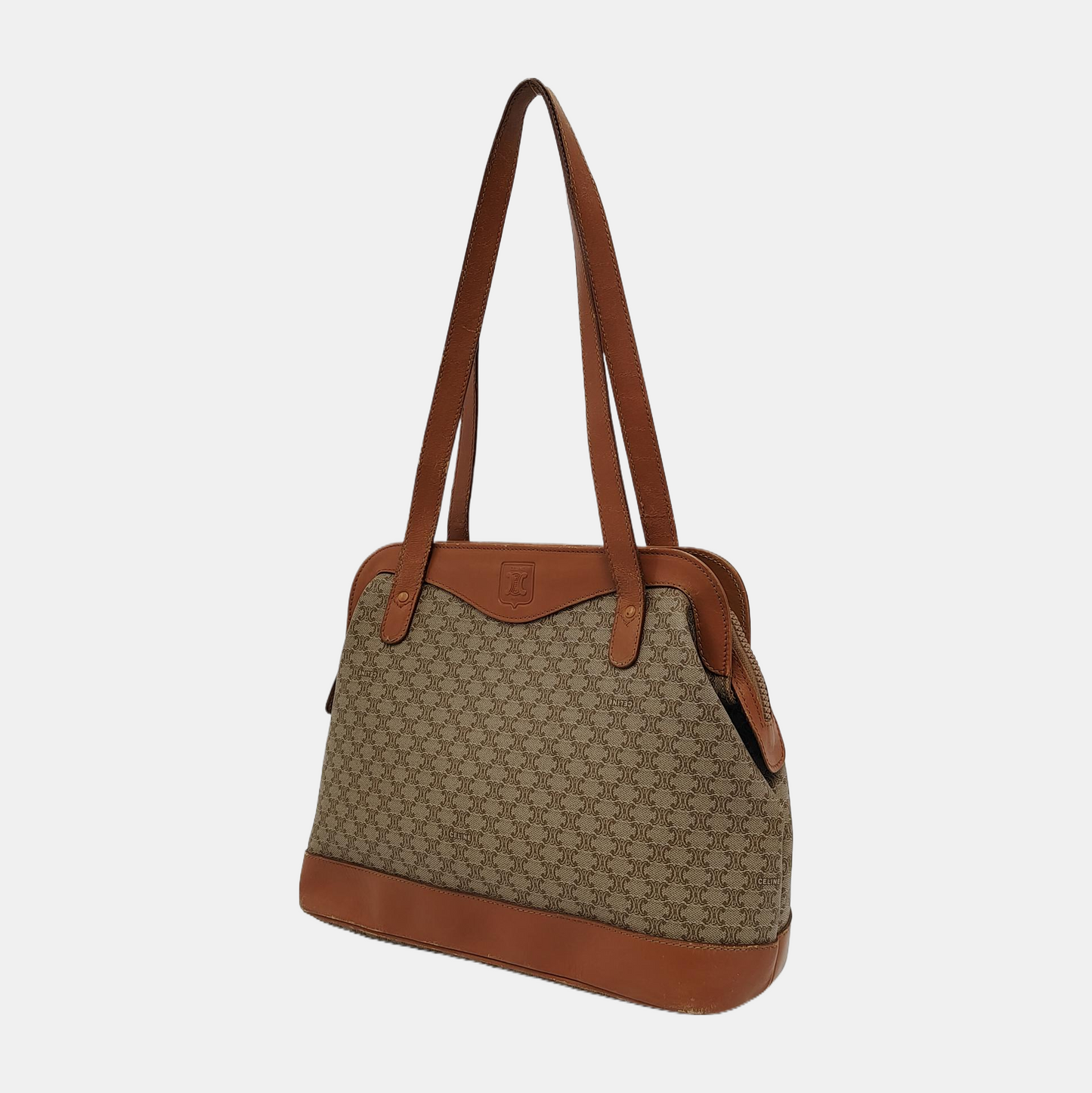 CELINE Tote bag Khaki Coated Canvas Triumph Grained Shoulder Bag Handbag Brown Hardware-(SKU)-947832104