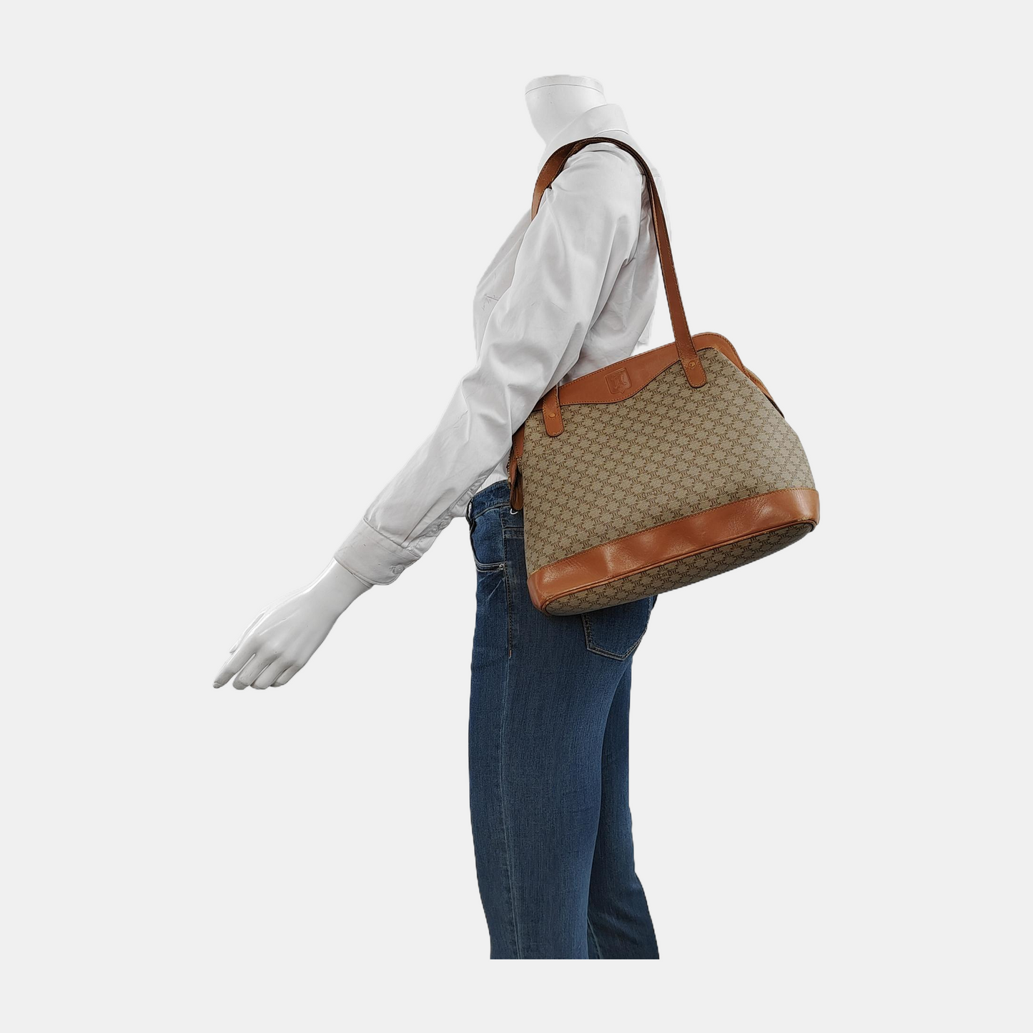 CELINE Tote bag Khaki Coated Canvas Triumph Grained Shoulder Bag Handbag Brown Hardware-(SKU)-947832104