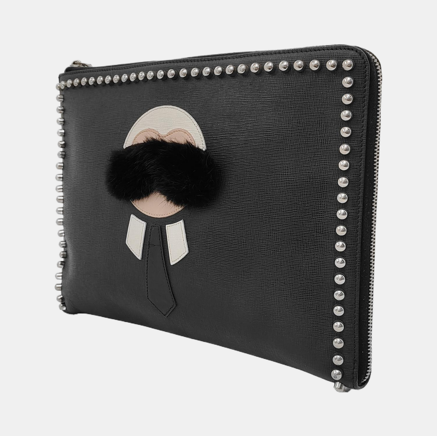 FENDI Karlito Black Leather Studs Handbag Silver Hardware-(SKU)-947968745