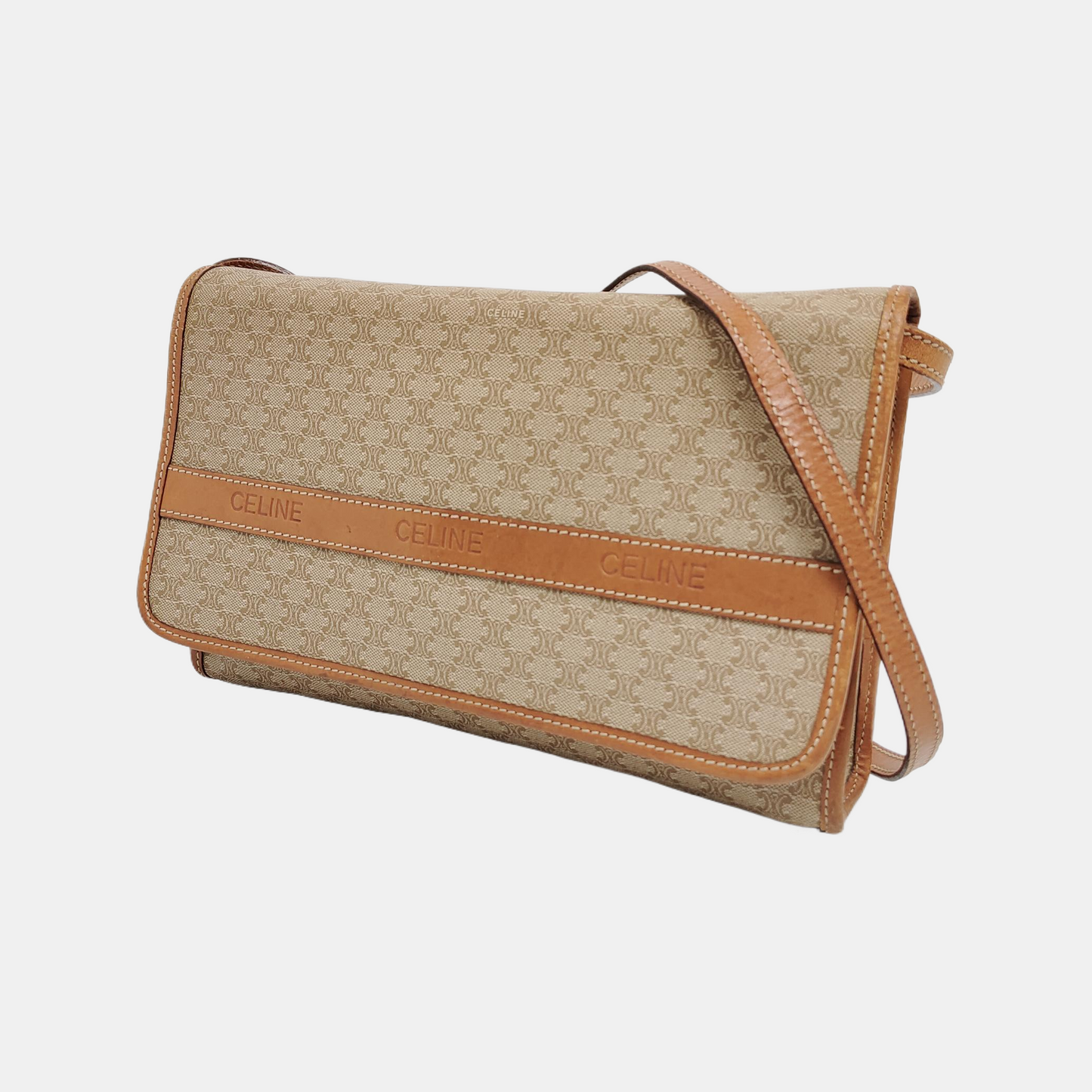 CELINE Khaki Coated Canvas Triumph Plaid Crossbody Single Shoulder Bag Golden hardware Removable shoulder strap-(SKU)-947868249