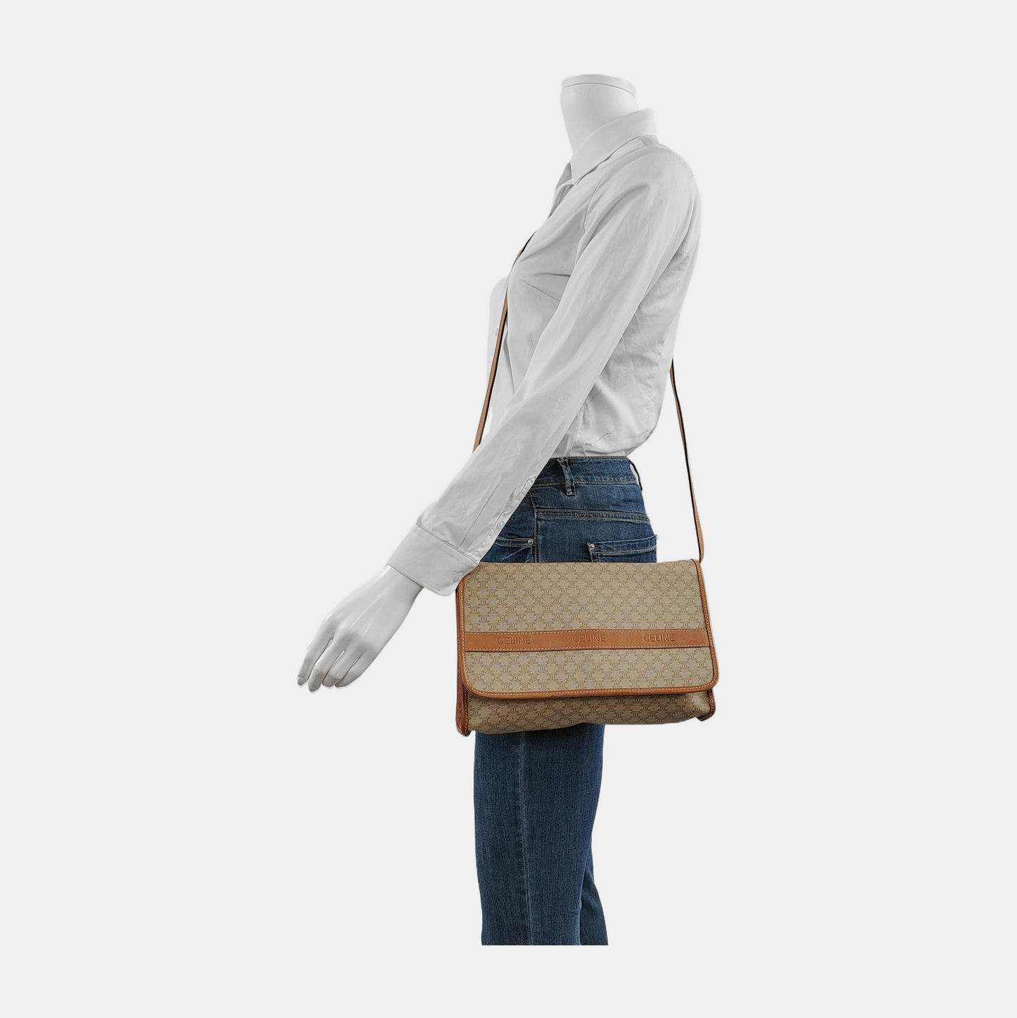 CELINE Khaki Coated Canvas Triumph Plaid Crossbody Single Shoulder Bag Golden hardware Removable shoulder strap-(SKU)-947868249