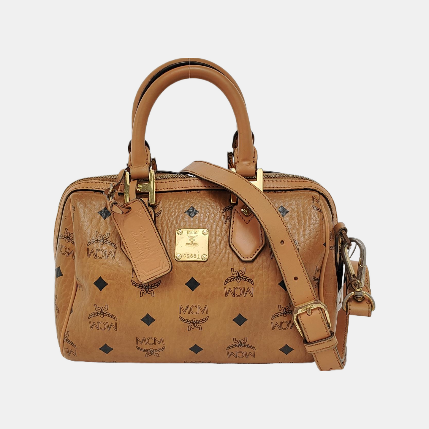 MCM ESSENTIAL Cognac Coated Canvas Monogram Print Boston Bag Single Shoulder Bag Handbag Crossbody Bag Golden hardware Removable shoulder strap-(SKU)-942033097