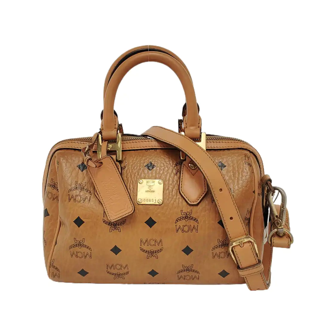 MCM ESSENTIAL Cognac Coated Canvas Monogram Print Boston Bag Single Shoulder Bag Handbag Crossbody Bag Golden hardware Removable shoulder strap-(SKU)-942033097
