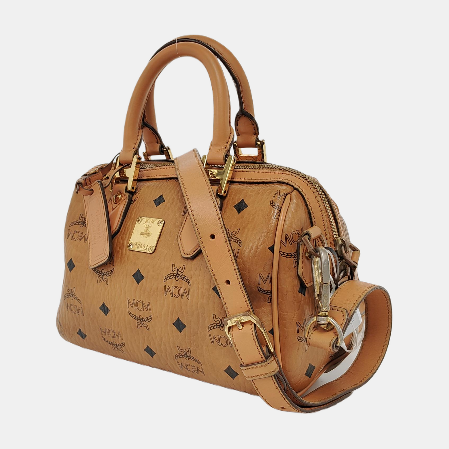 MCM ESSENTIAL Cognac Coated Canvas Monogram Print Boston Bag Single Shoulder Bag Handbag Crossbody Bag Golden hardware Removable shoulder strap-(SKU)-942033097
