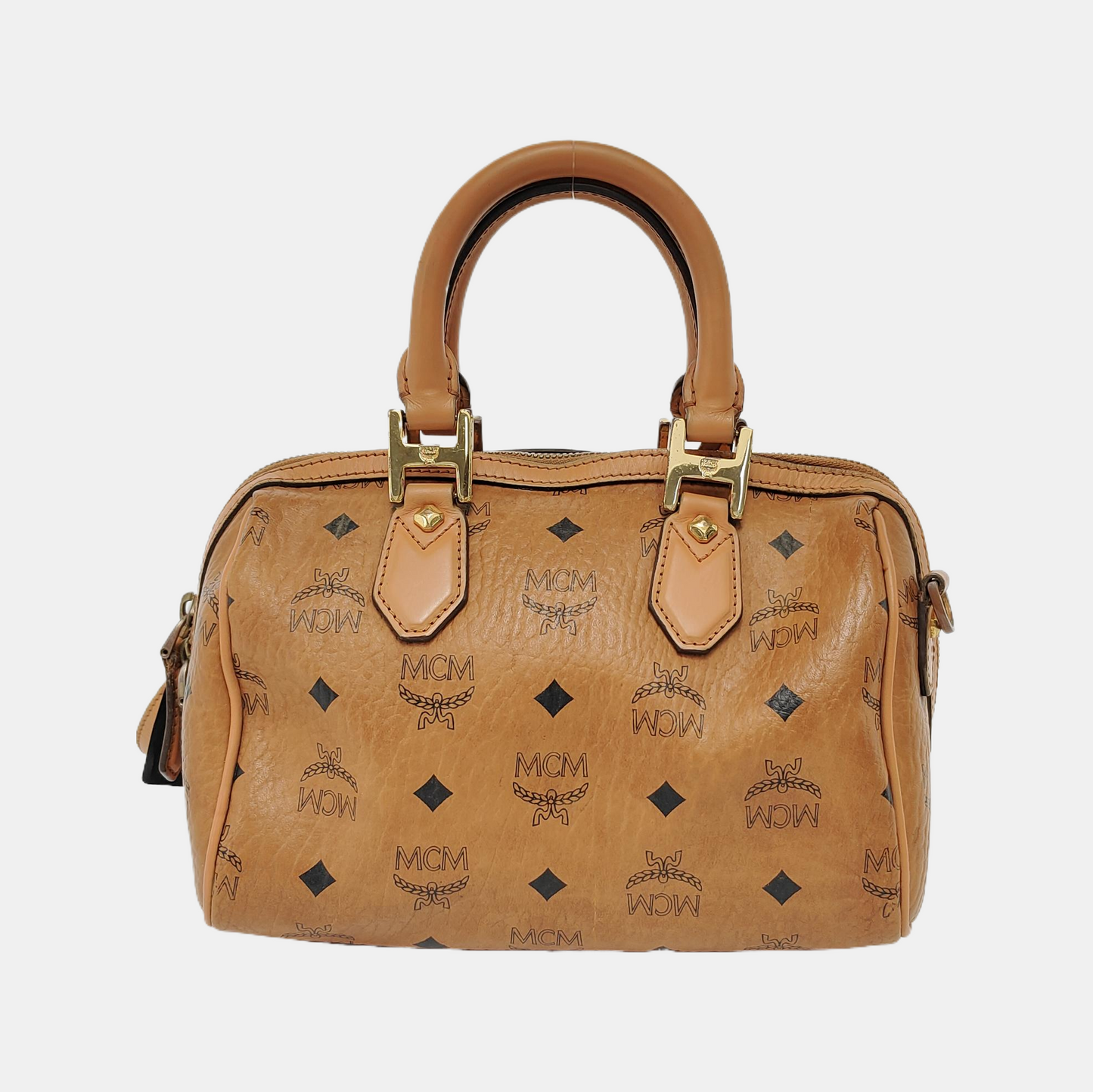 MCM ESSENTIAL Cognac Coated Canvas Monogram Print Boston Bag Single Shoulder Bag Handbag Crossbody Bag Golden hardware Removable shoulder strap-(SKU)-942033097