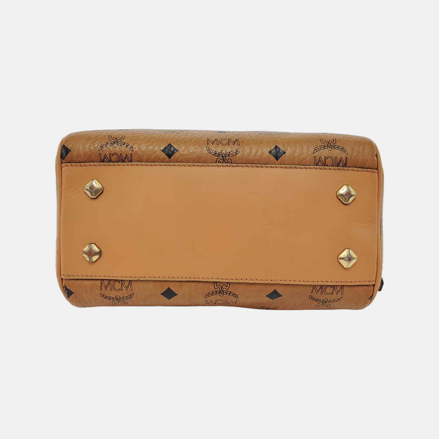 MCM ESSENTIAL Cognac Coated Canvas Monogram Print Boston Bag Single Shoulder Bag Handbag Crossbody Bag Golden hardware Removable shoulder strap-(SKU)-942033097