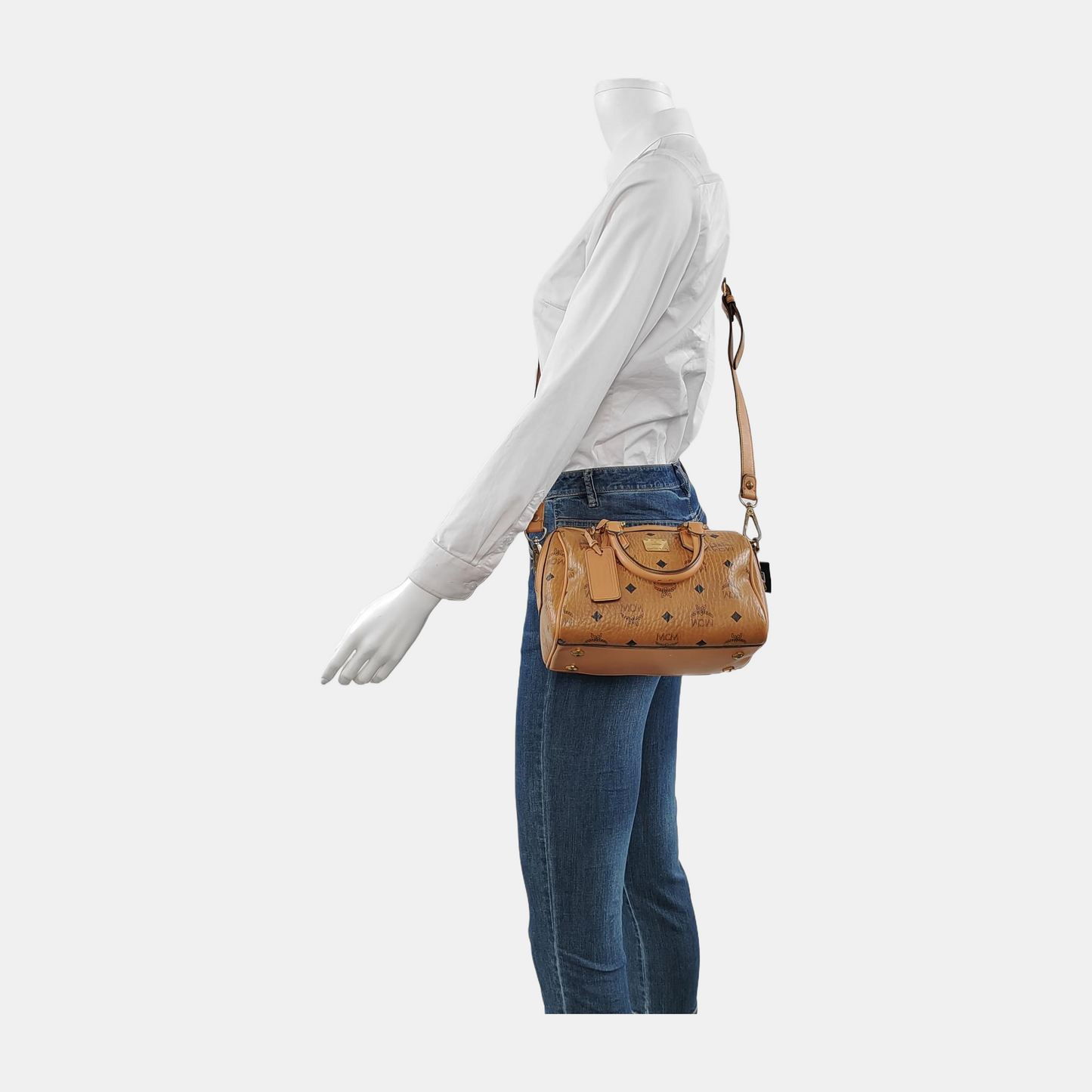 MCM ESSENTIAL Cognac Coated Canvas Monogram Print Boston Bag Single Shoulder Bag Handbag Crossbody Bag Golden hardware Removable shoulder strap-(SKU)-942033097