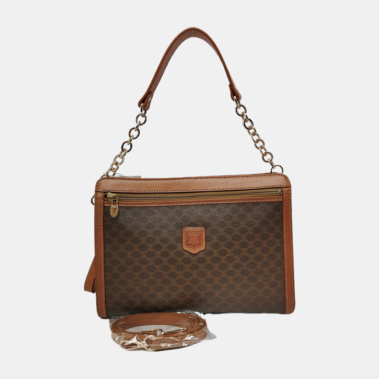 CELINE MACADAM CLUTCHES Brown Coated Canvas Triumph Clutch Golden hardware-(SKU)-947868204