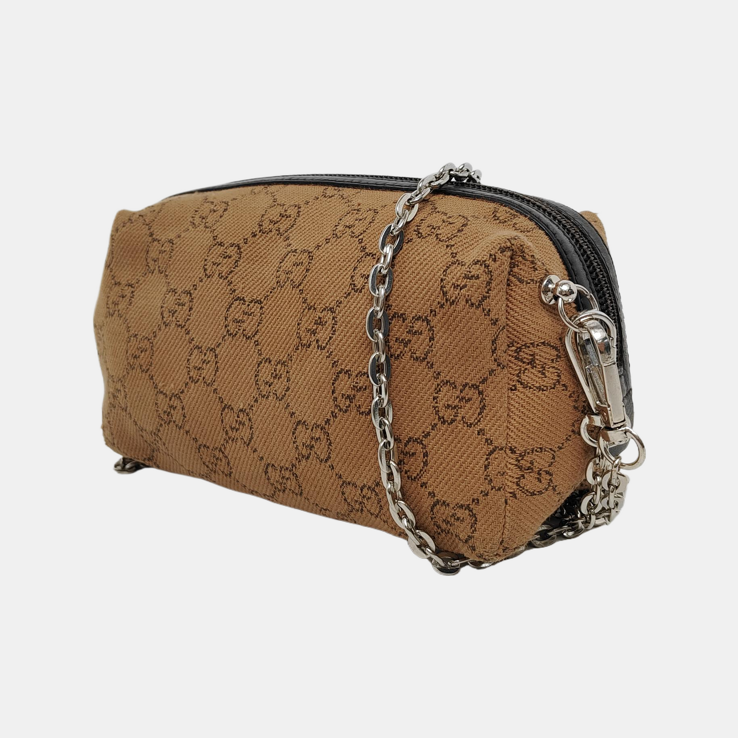 GUCCI Khaki Canvas Monogrammed Handbag Silver Hardware-(SKU)-948094258