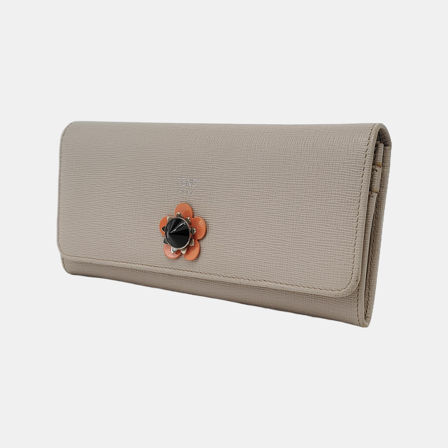 FENDI Light Gray Leather Stud Wallet Silver Black Hardware-(SKU)-947997780