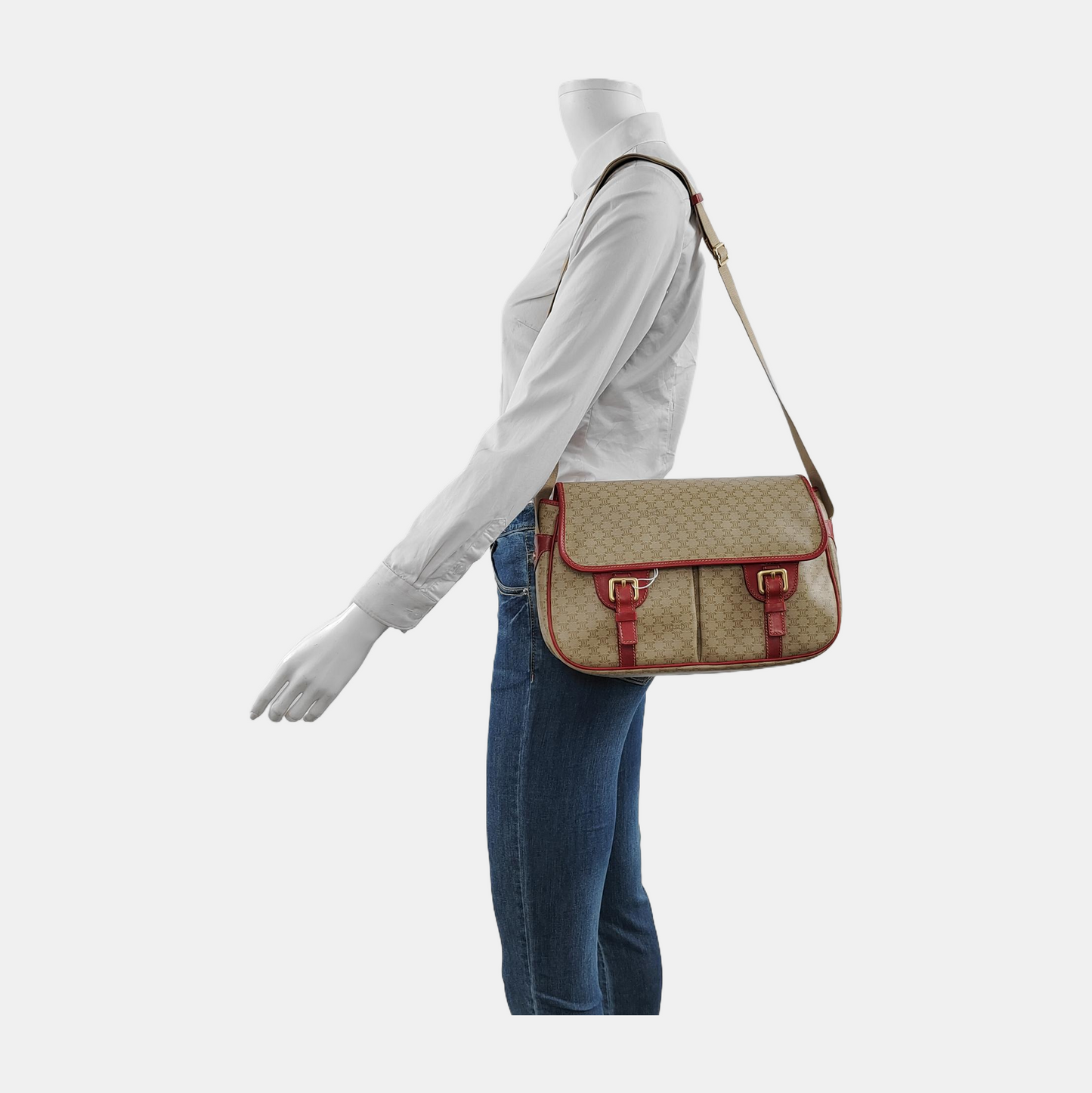 CELINE Khaki Coated Canvas Triumph Monogram Single Shoulder Bag Golden hardware-(SKU)-948124316