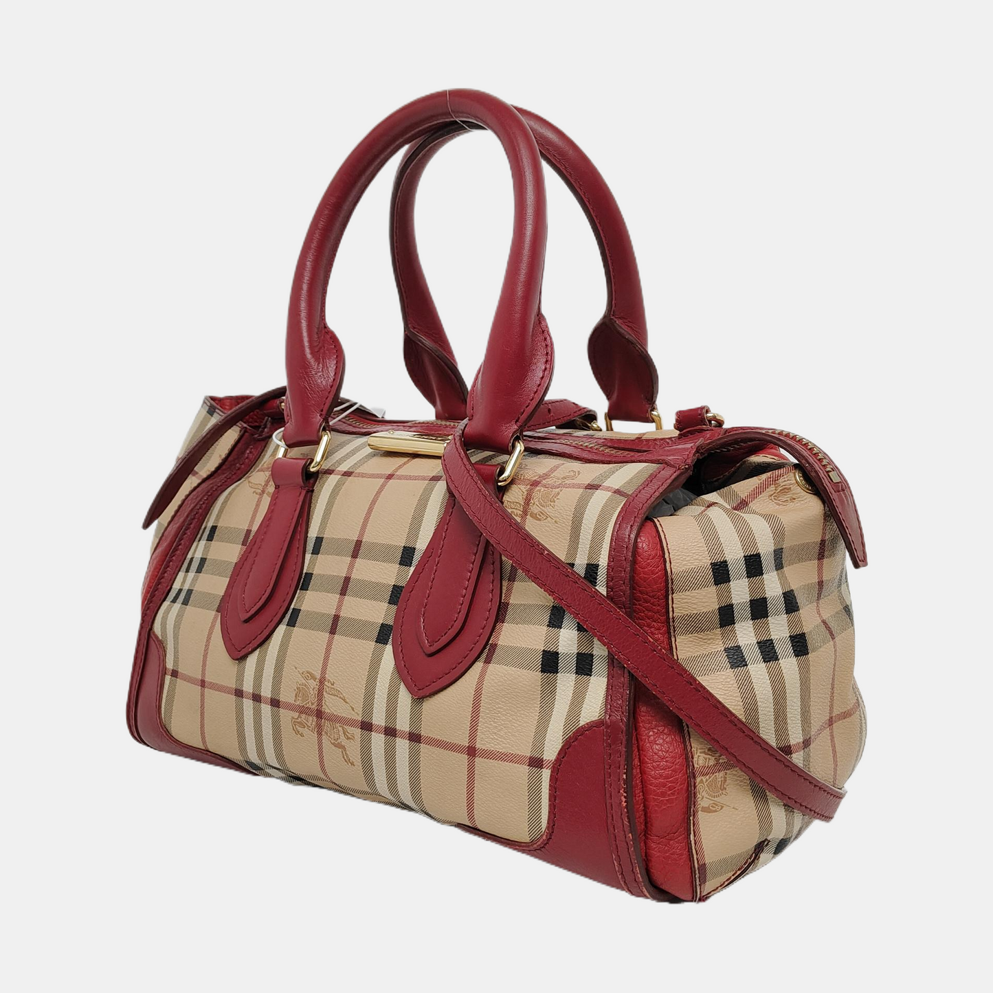 BURBERRY Red Coated Canvas Warhorse Plaid Single Shoulder Bag Golden hardware Removable shoulder strap-(SKU)-948483187