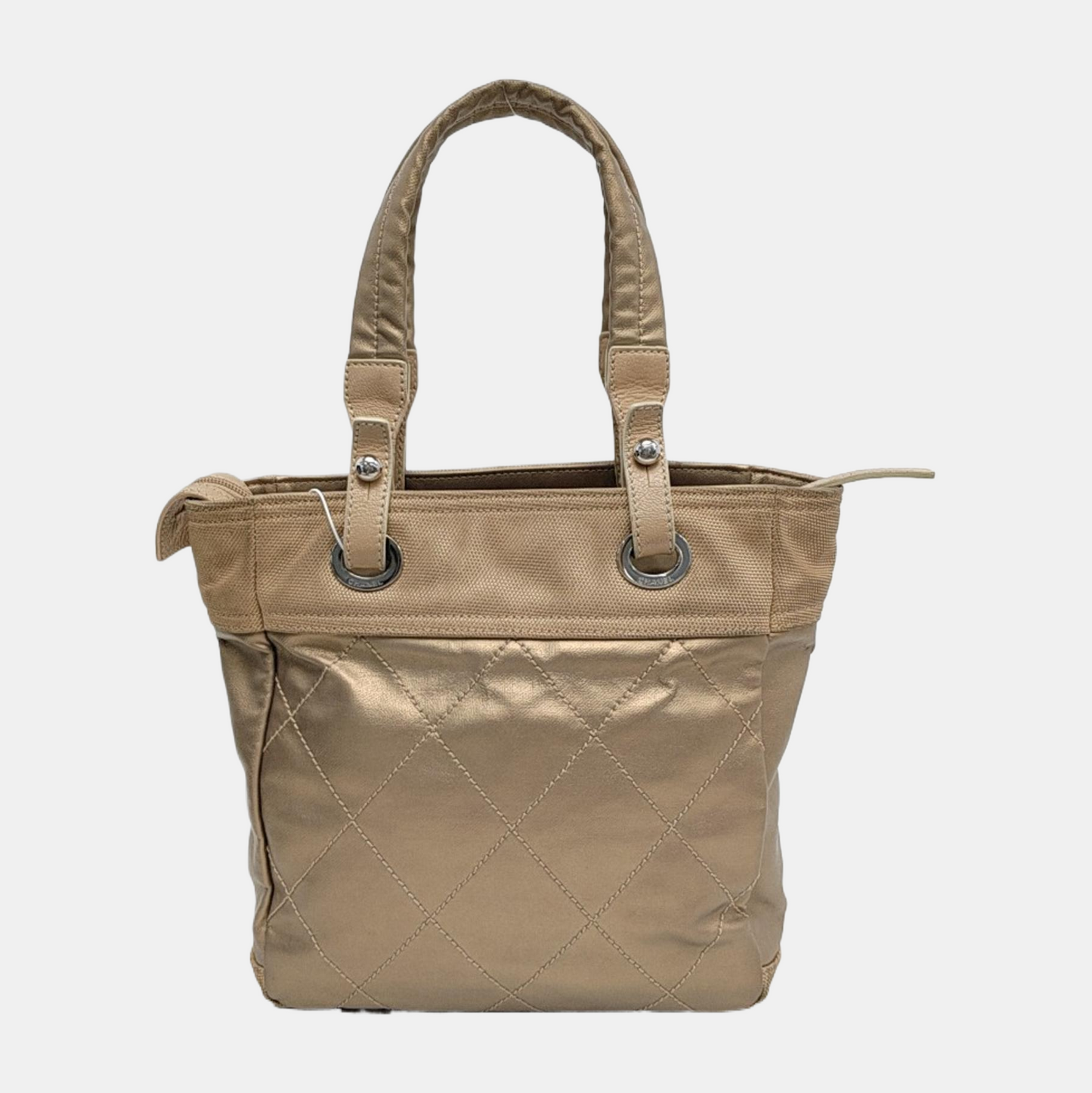 CHANEL Tote bag Champagne Coated Canvas Monogrammed Quilted Handbag Silver Hardware 11nan-(SKU)-948373759