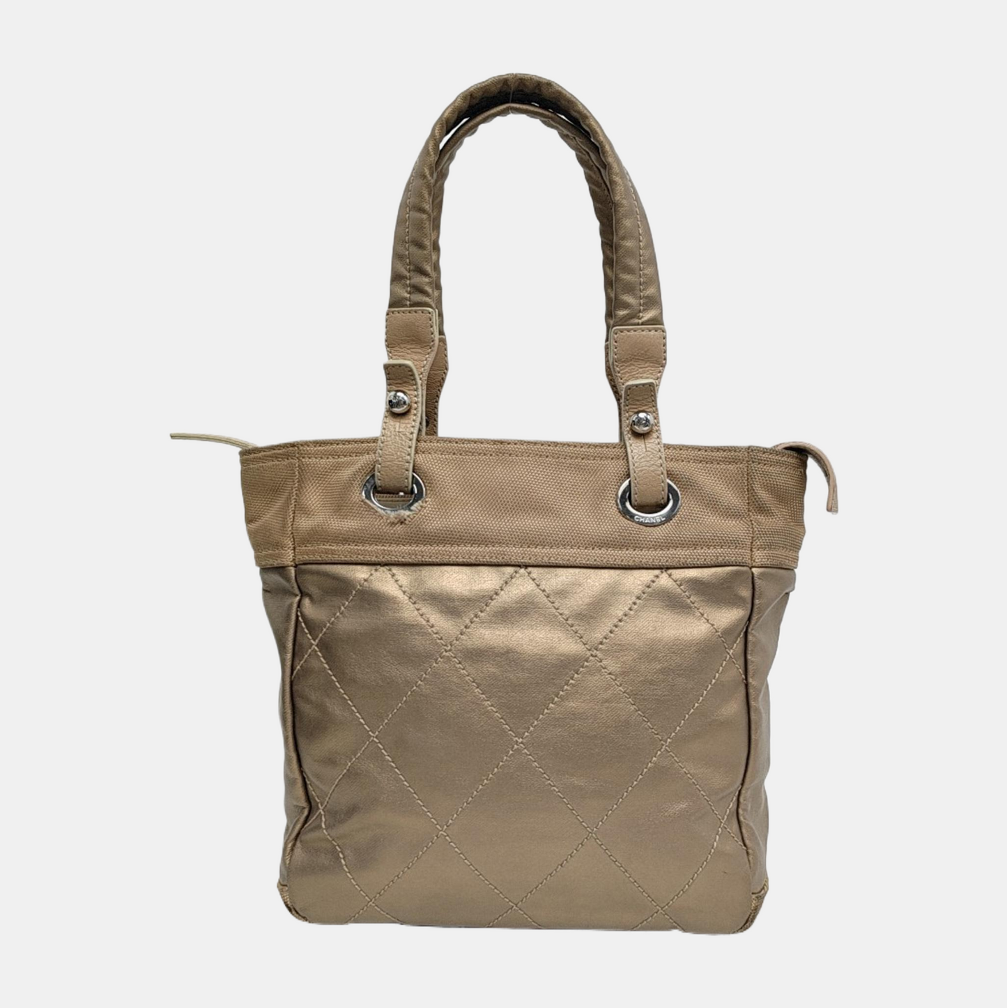 CHANEL Tote bag Champagne Coated Canvas Monogrammed Quilted Handbag Silver Hardware 11nan-(SKU)-948373759