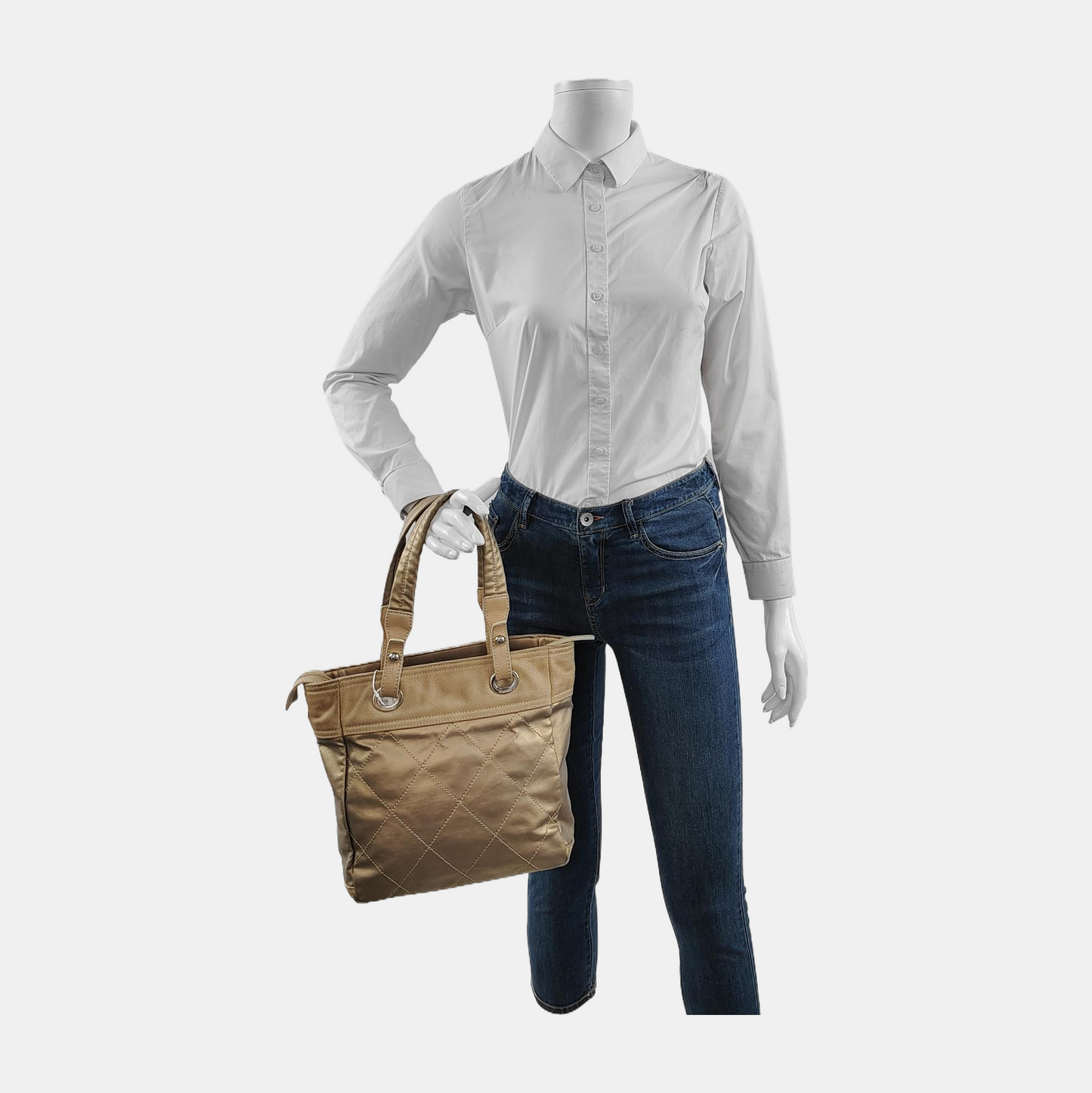 CHANEL Tote bag Champagne Coated Canvas Monogrammed Quilted Handbag Silver Hardware 11nan-(SKU)-948373759